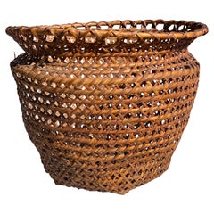 Vintage Mid-20th Century Handwoven Cane Wicker Rattan Basket