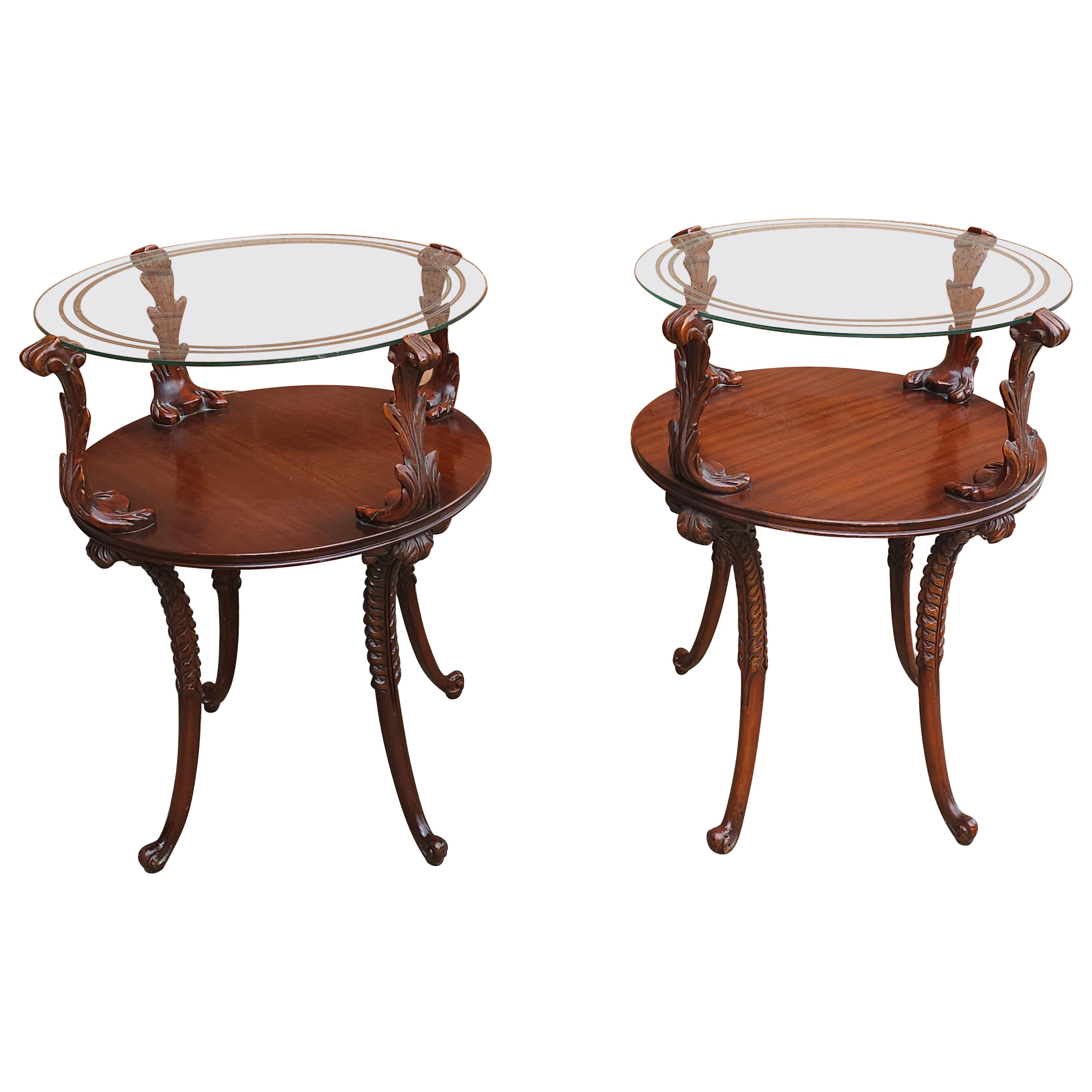 Pair of Victorian Style Two Tier Carved Acanthus Mahogany and Glass Top Tables For Sale