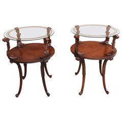 Vintage Pair of Victorian Style Two Tier Carved Acanthus Mahogany and Glass Top Tables