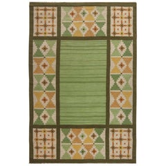 Vintage Midcentury Geometric Green Yellow Swedish Flat-Weave Rug