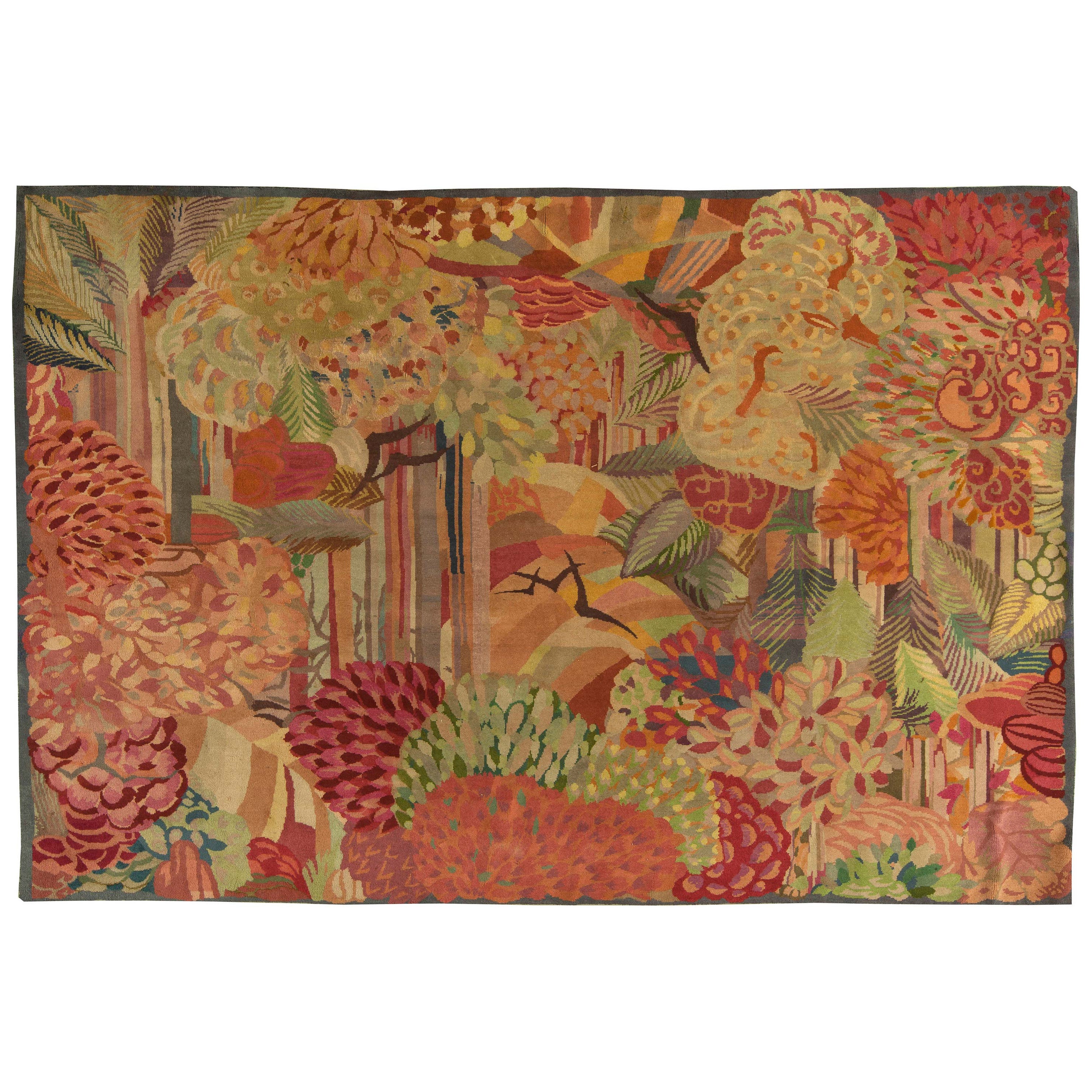 Vintage French Art Deco Handmade Wool Rug For Sale