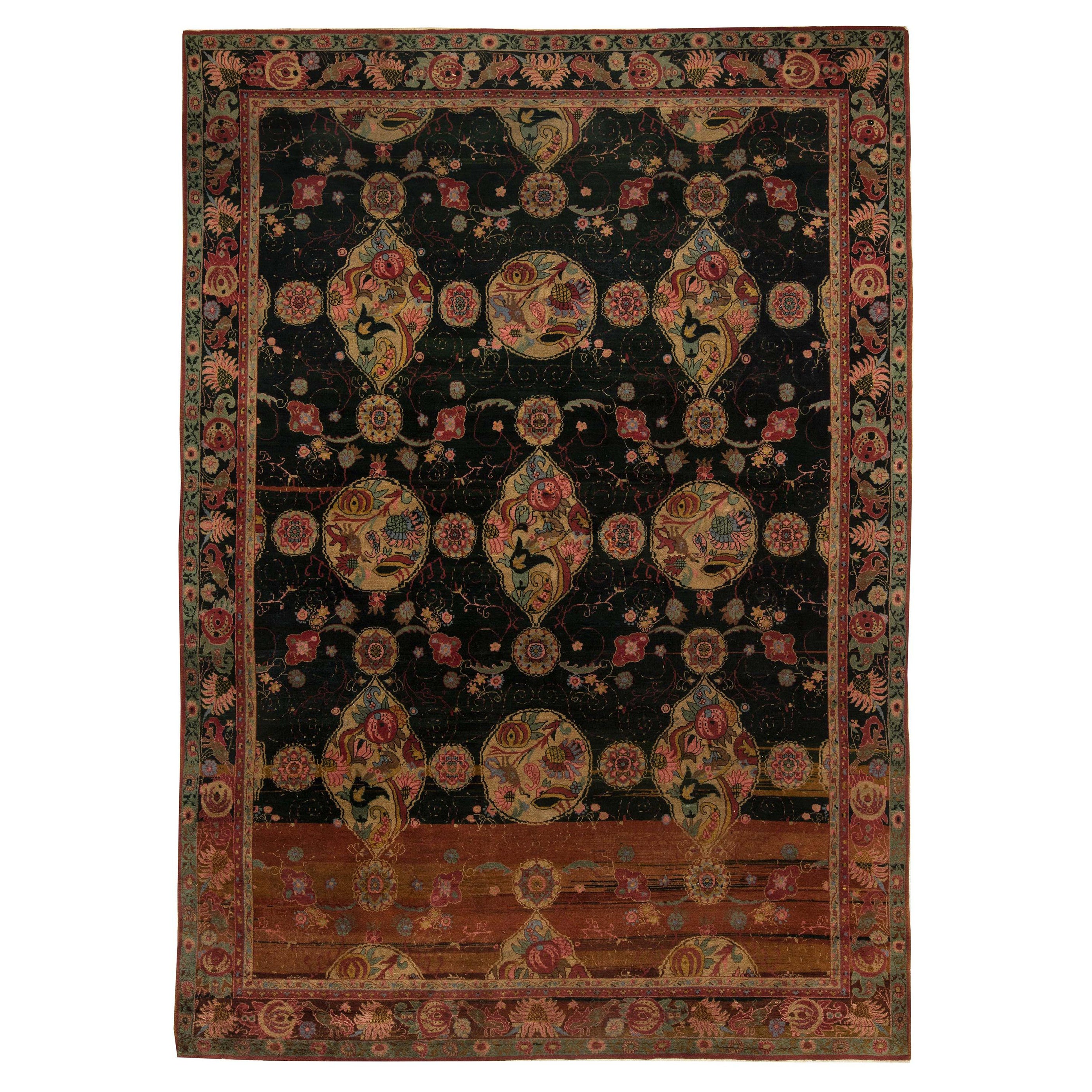 Authentic Indian Botanic Hand Knotted Wool Rug For Sale
