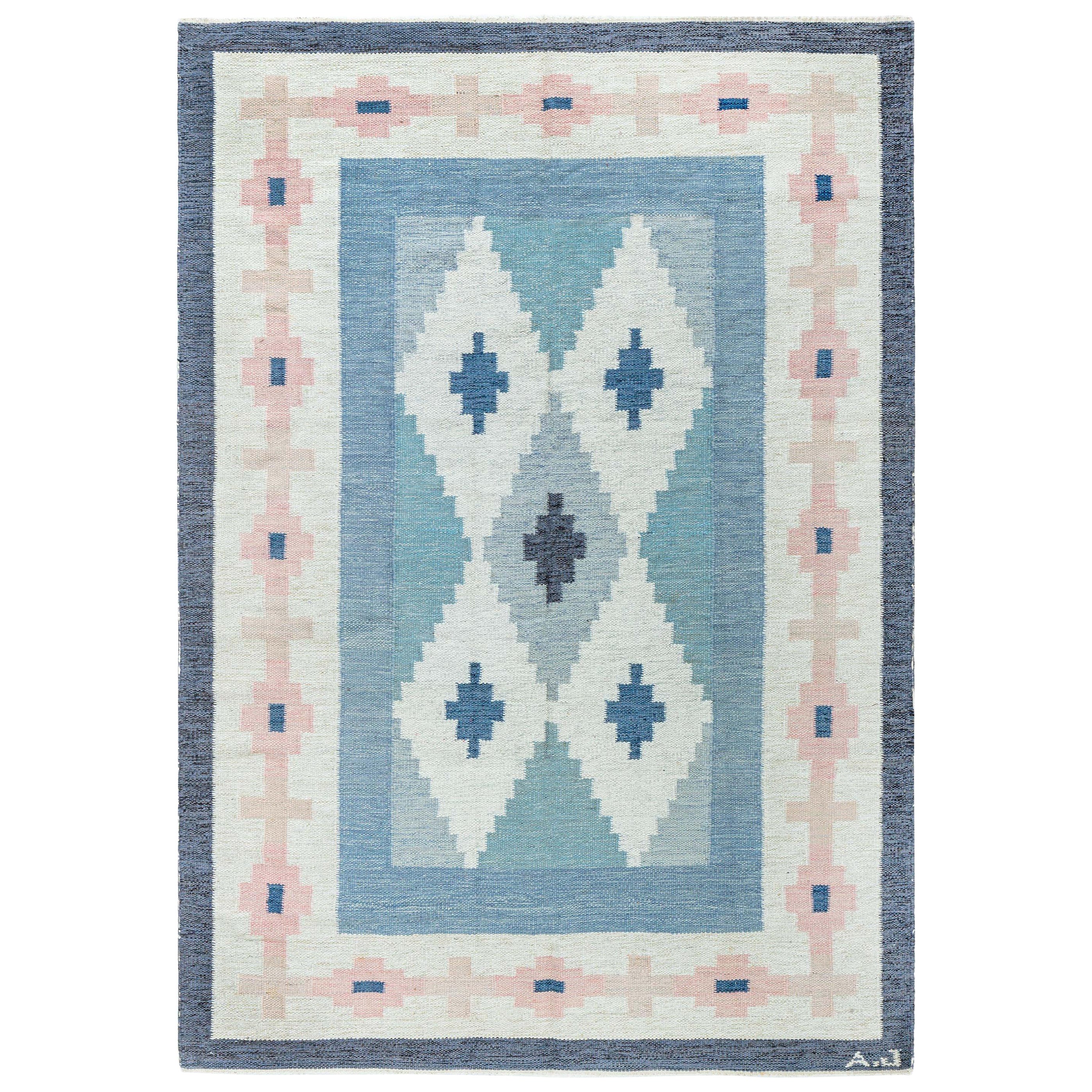 Mid-century Swedish Blue Handmade Wool Rug by A.J For Sale