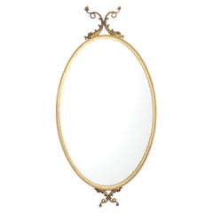 Mid-Century Oval Wall Mirror with Brass Frame and Frieze 50s Italy