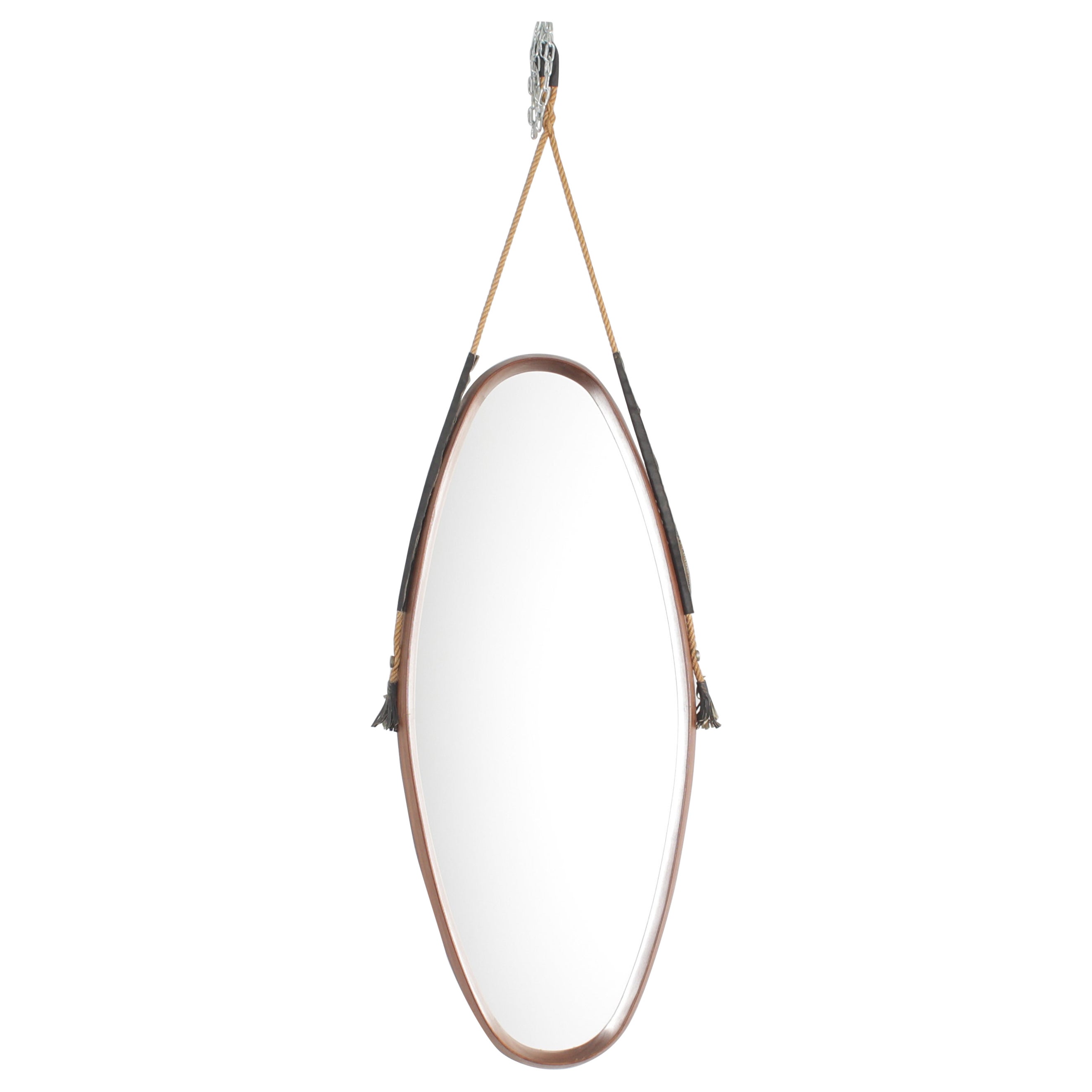 Mid-Century Oval Wall Mirror with Teak Bend Frame, 60s Italy
