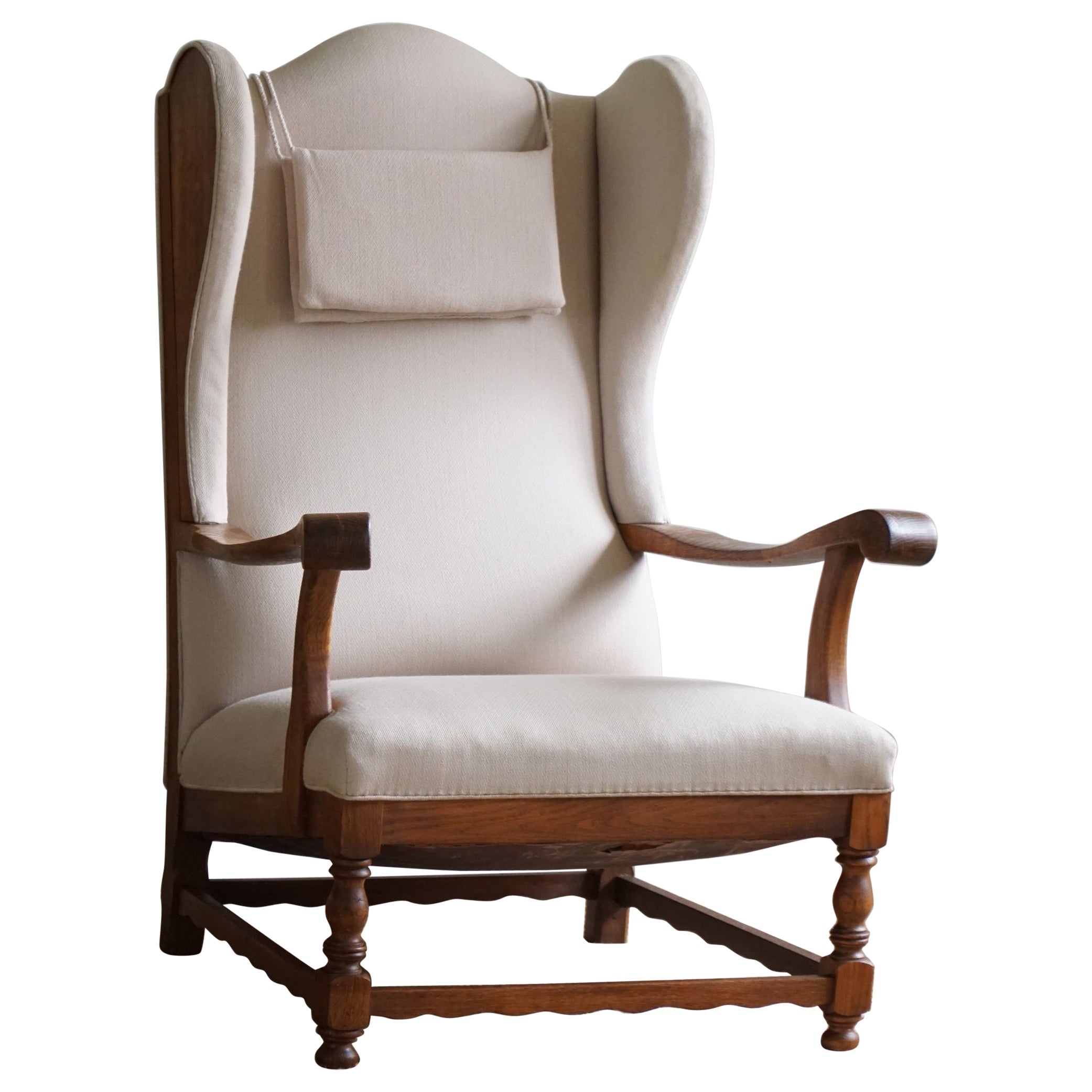Danish Modern, Wingback Chair, Oak & Wool, Fritz Hansen Style, 1950s  For Sale