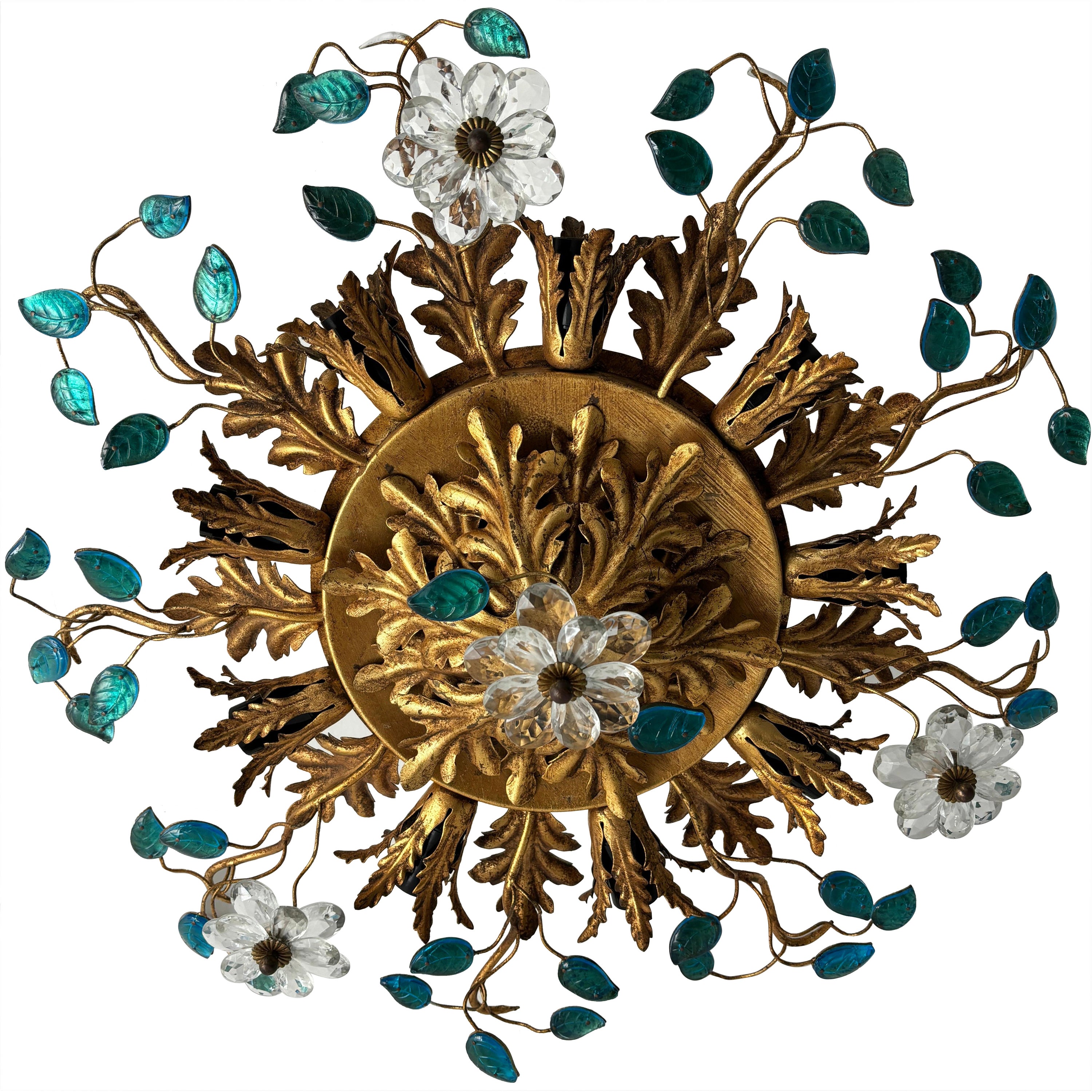 Flush Mount Maison Baguès Crystal Flowers Blue Leaves Chandelier 9 Light C 1940