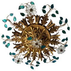 Flush Mount Maison Baguès Crystal Flowers Blue Leaves Chandelier 9 Light C 1940