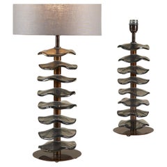 Tall pair of Italian Murano grey petal lamps with brass detailing