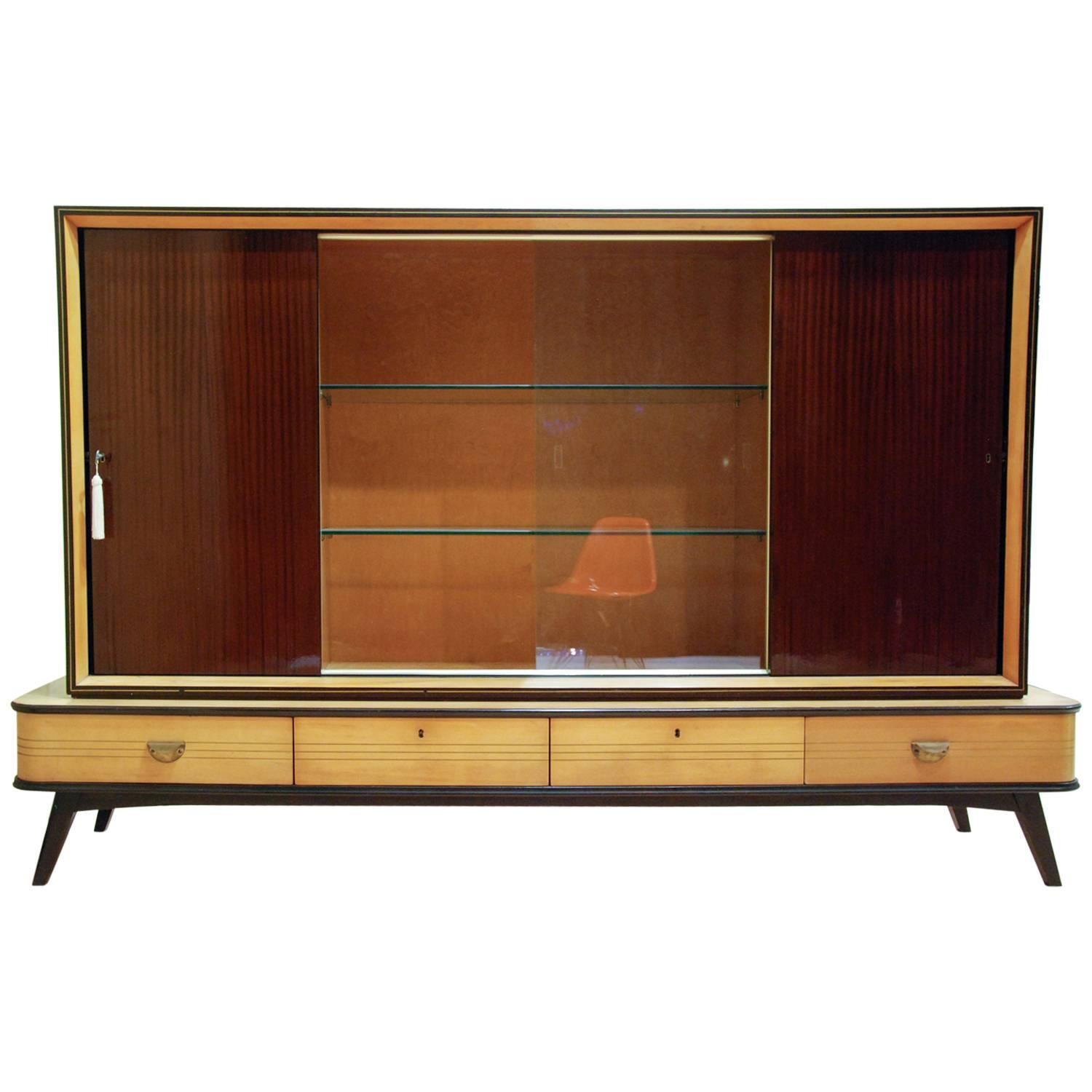Large German Exotic Wood and Glass Bar/Display Cabinet, Germany, circa 1950 For Sale