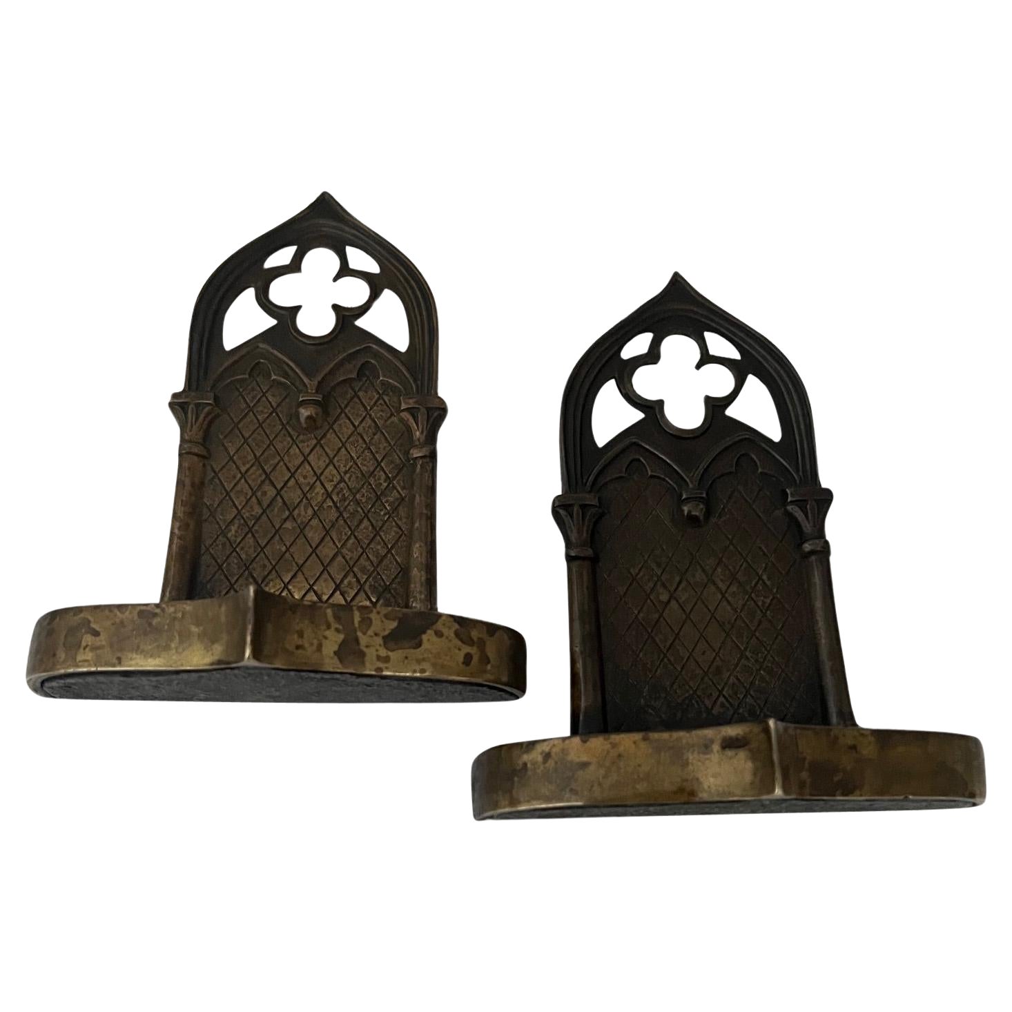 Pair of English gothic cast brass bookends - circa 1835