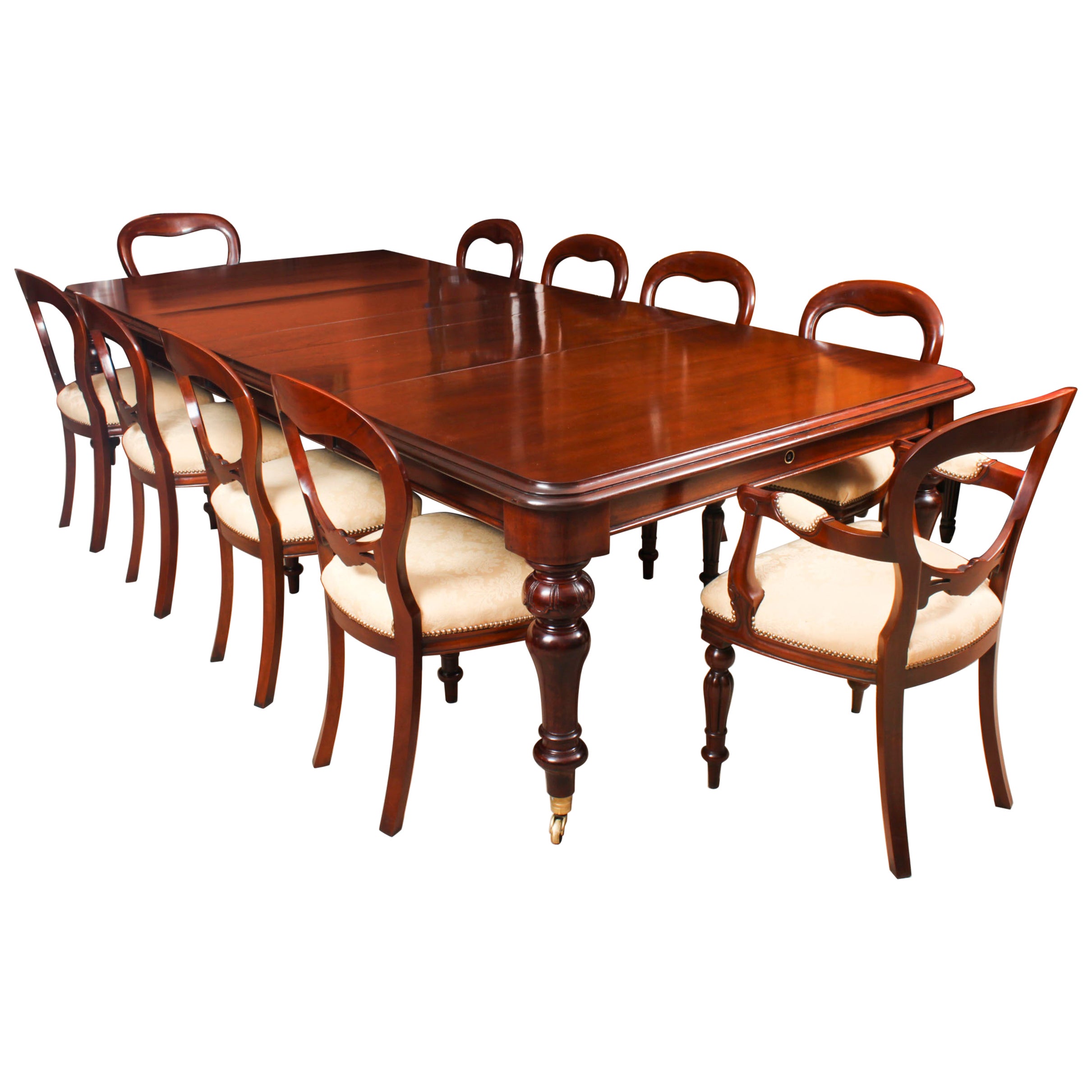 Ancienne table de salle à manger William IV en acajou C1835 et 10 chaises de salle à manger à dossier ballon
