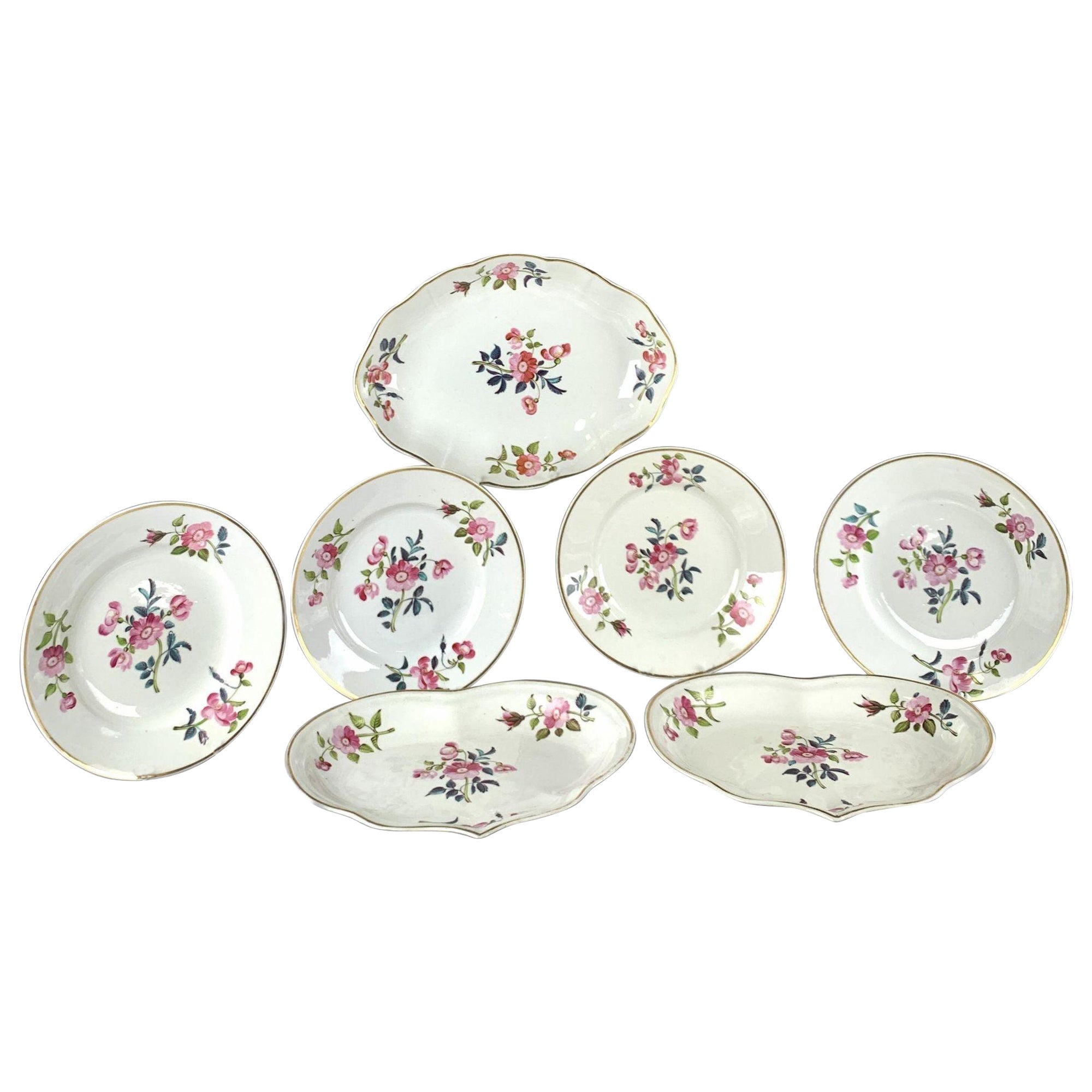 Set Seven Derby Dishes Hand Painted with Pink Roses Early 19th Century Ca-1815 For Sale