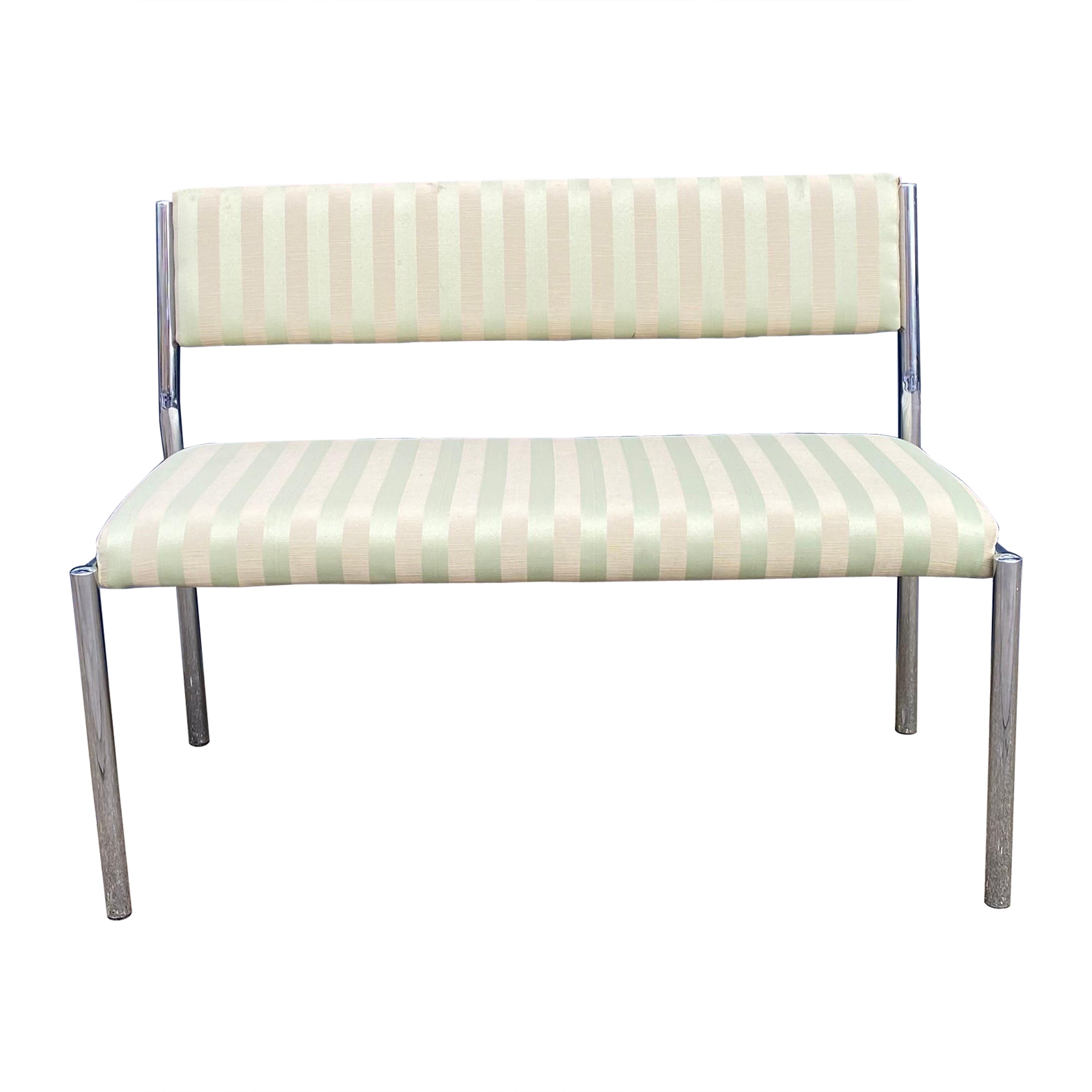 Chrome Bench Green Stripped 1970s Hollywood Regency Modernist Vintage Table  For Sale