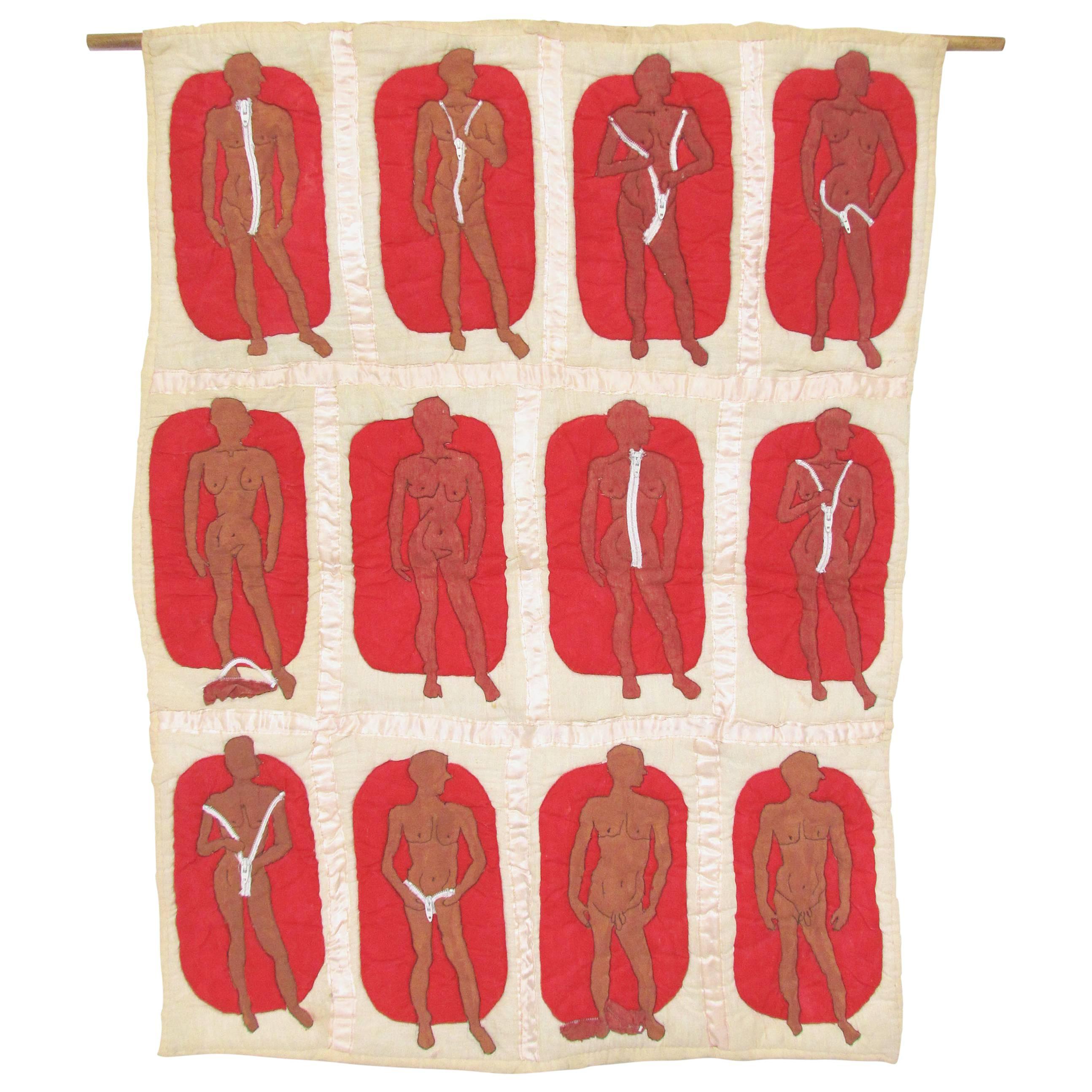 Rare 1970s Handmade Textile Art Wall Hanging Depicting Gender Transformation