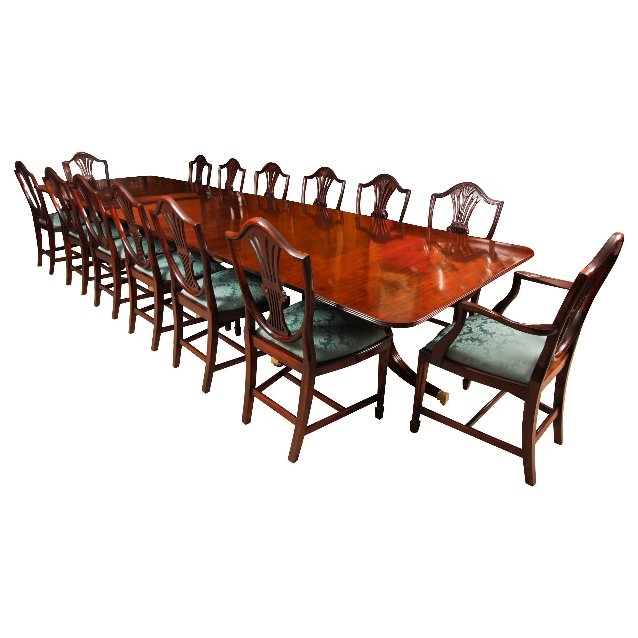Antique 14ft Regency Revival Triple Pillar Dining Table & 14 Chairs 19th Century For Sale