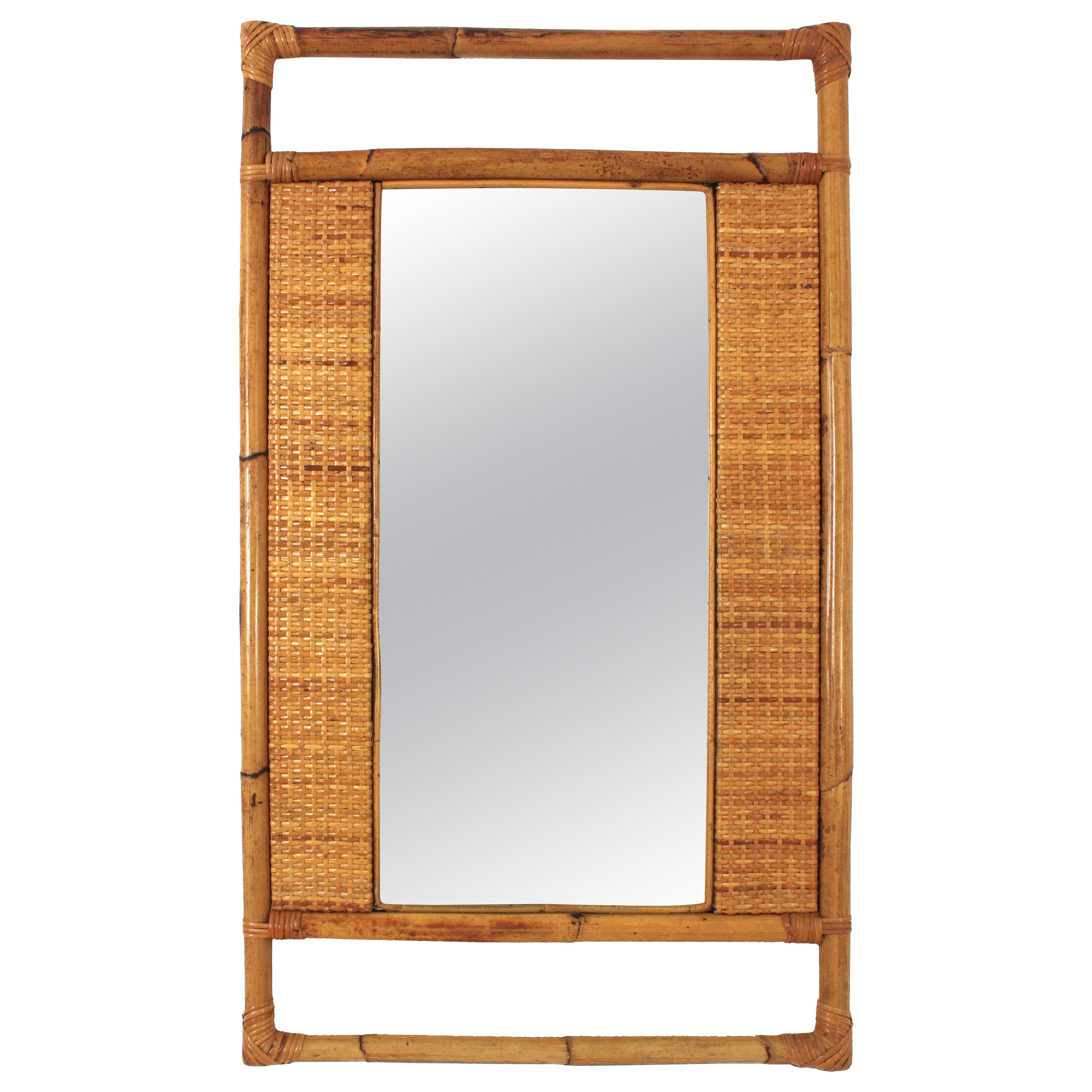 Spanish Rectangular Rattan Wall Mirror with Geometric Woven Frame For Sale