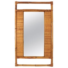 Vintage Spanish Rectangular Rattan Wall Mirror with Geometric Woven Frame