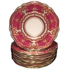 Set of Ten Gold Encrusted Magenta Colored Spode Copeland's China Dinner Plates