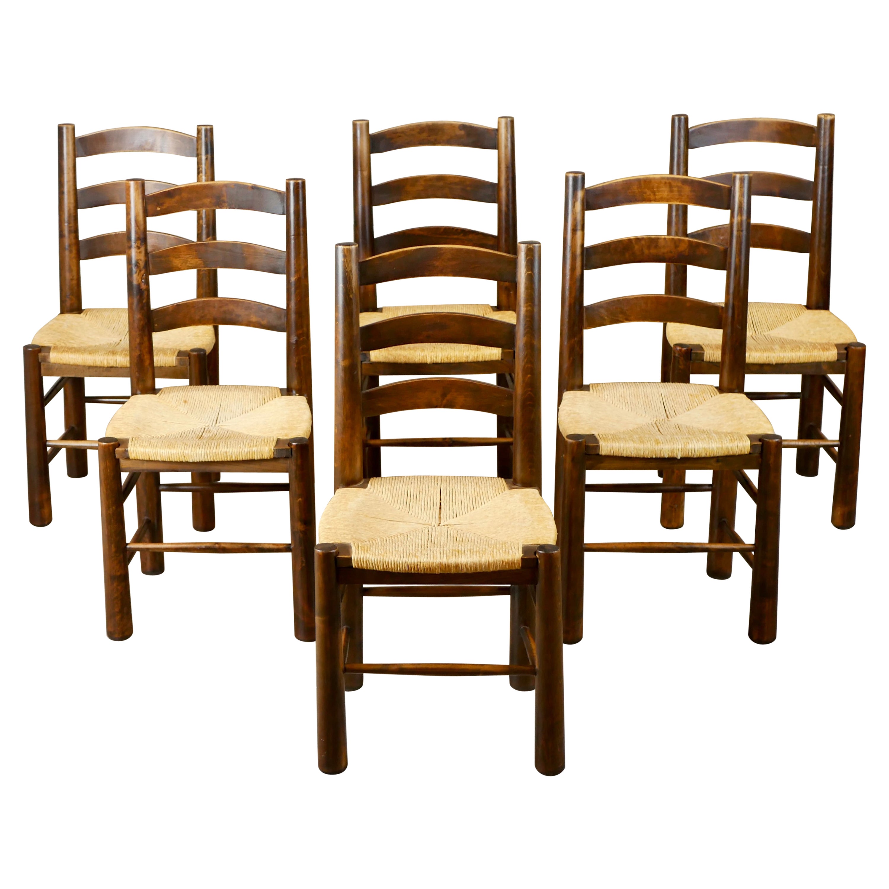 Set of 6 Georges Robert wood and straw chairs, made in France, 1950s For Sale