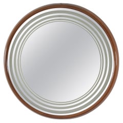 Used Mid-Century Large Round Backlit Wooden Wall Mirror, 60s Italy
