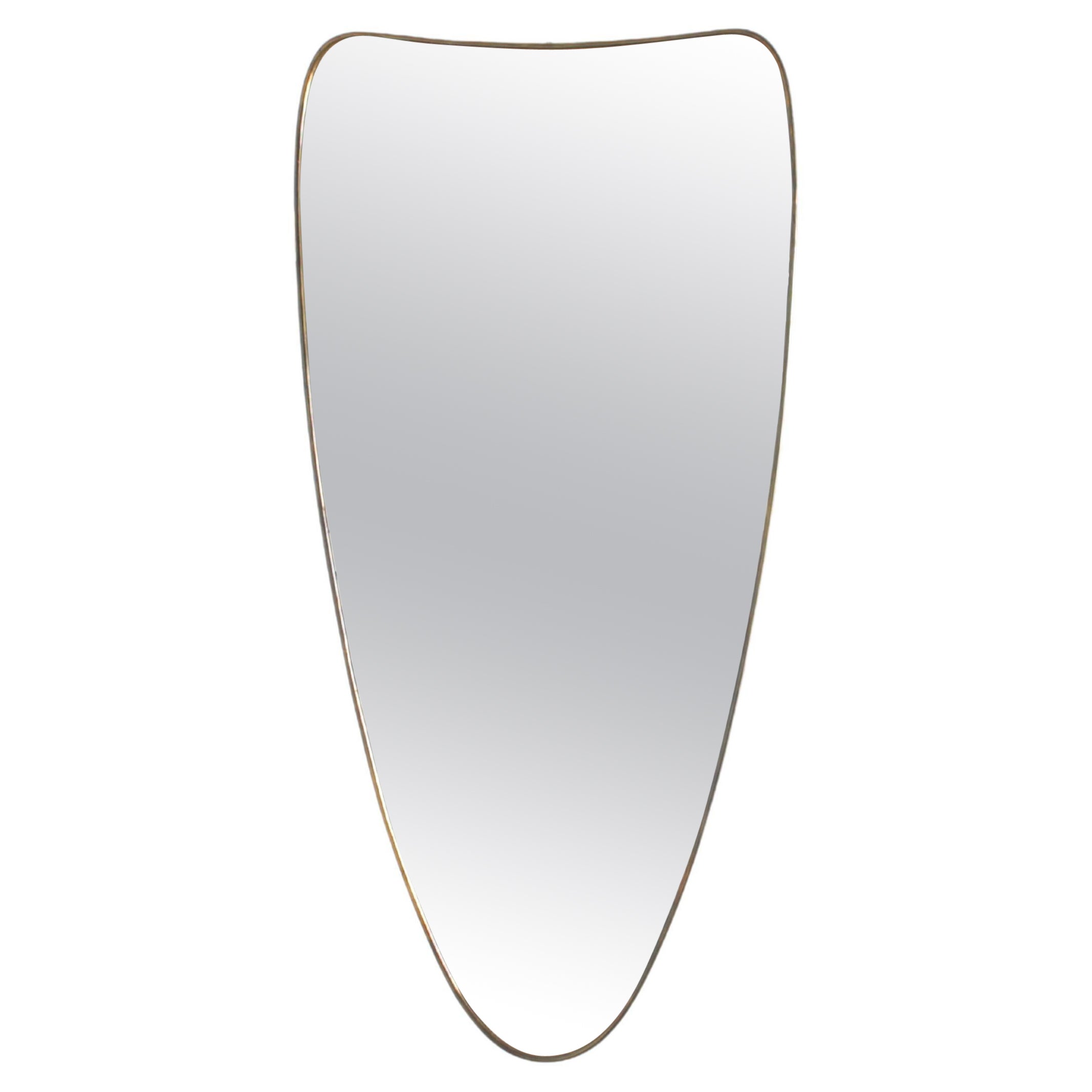 Mid-Century G. Ponti Style Shield-Shaped Wall Mirror with Brass Frame 50s Italy For Sale