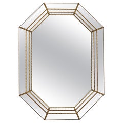 Octagonal Venetian Style Mirror, Golden Grey Glass Frame & Brass Details