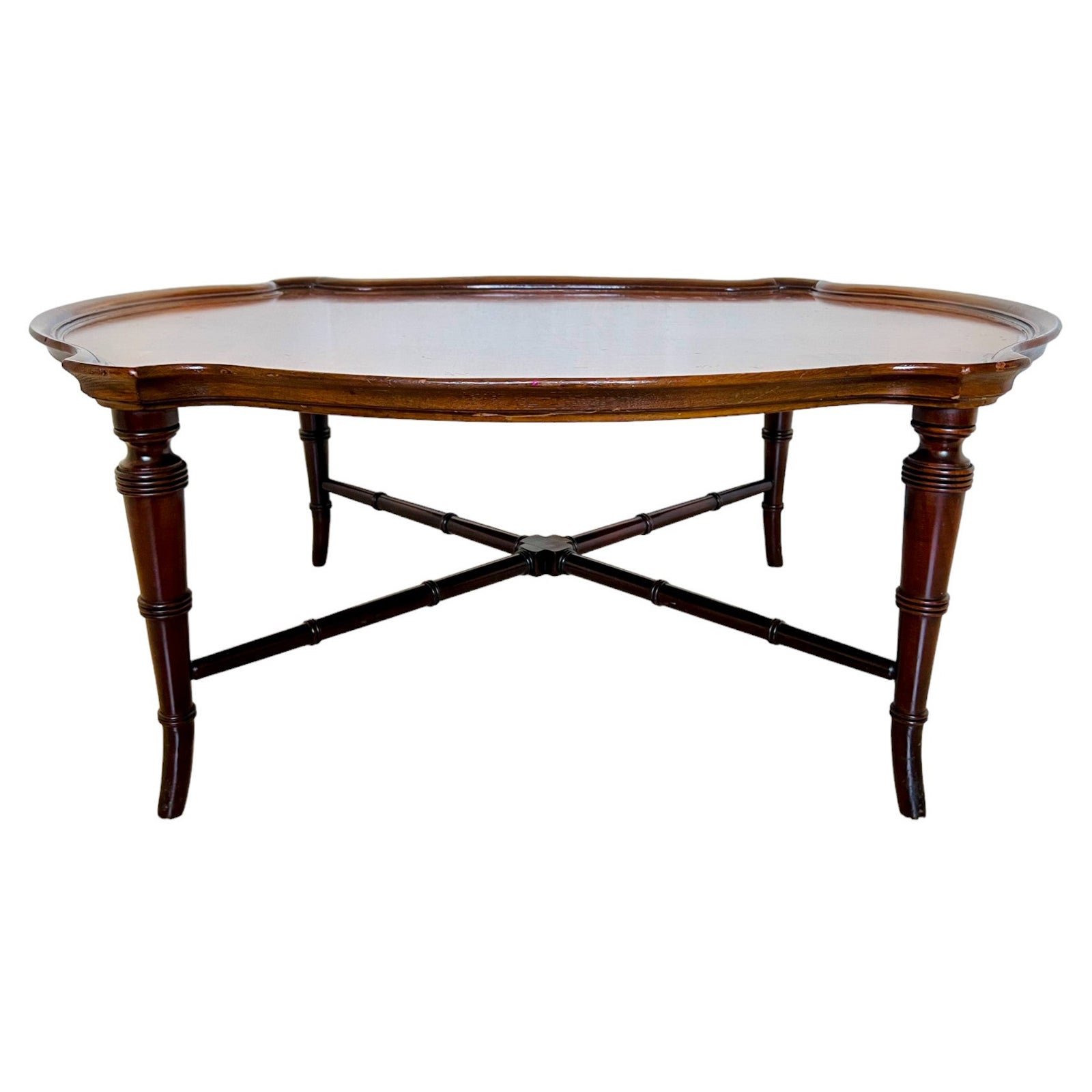 Vintage Hekman Chinoiserie Burl Top Faux Bamboo Oval Coffee Table
