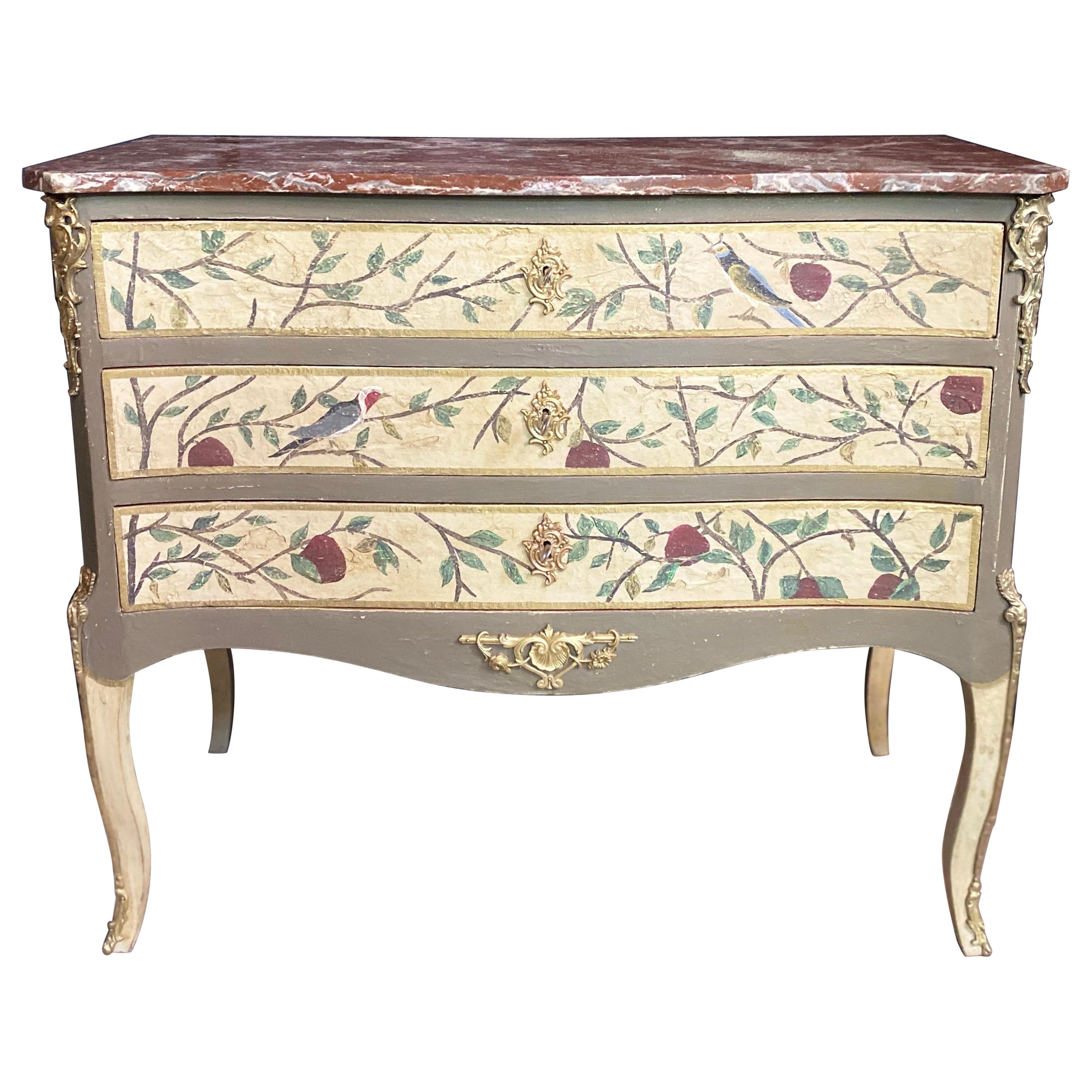 Chest of drawers nicely decorated with foliage and Louis XV birds late 19th For Sale