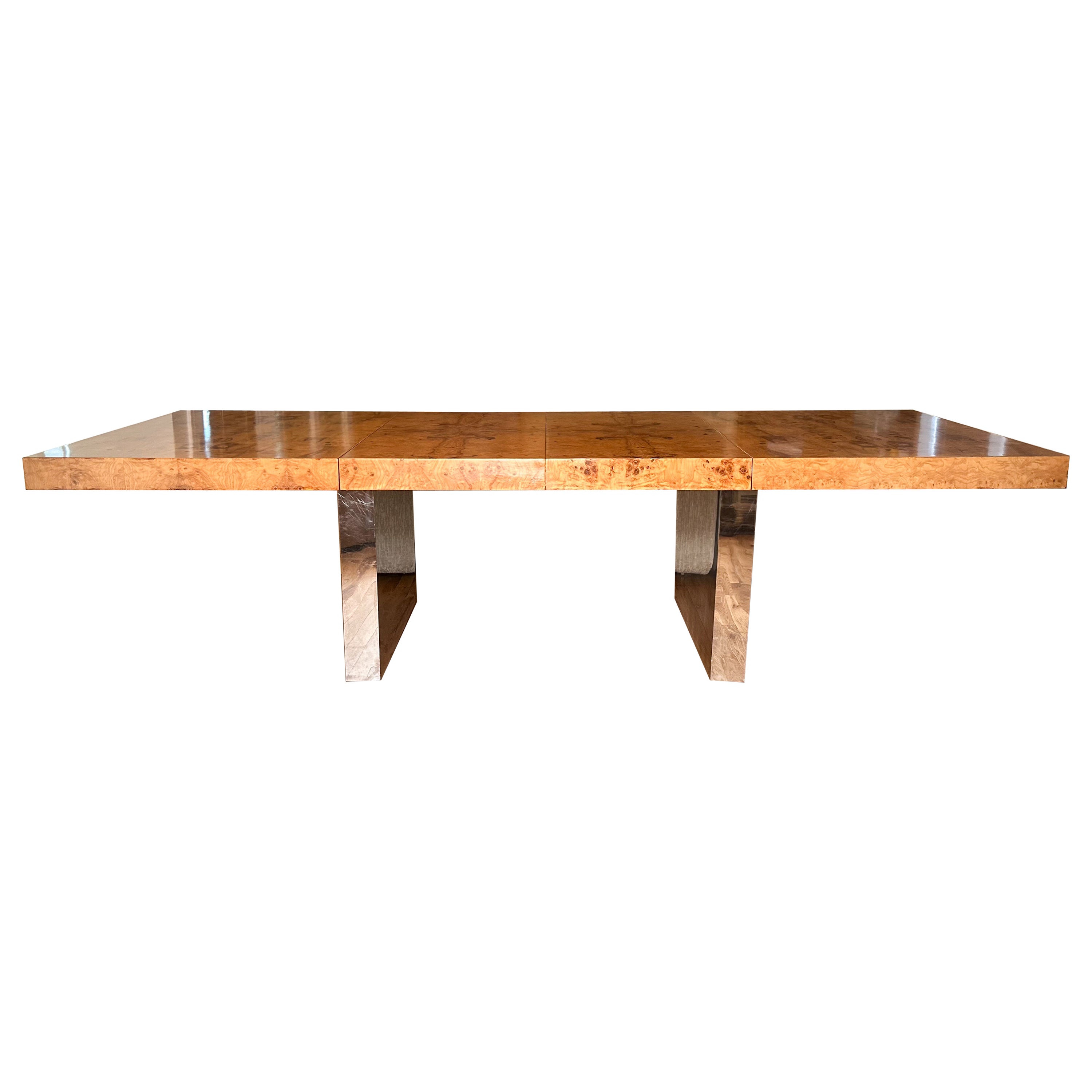 1970s Milo Baughman Extendable Burl and Chrome Dining Table