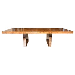 Retro 1970s Milo Baughman Extendable Burl and Chrome Dining Table