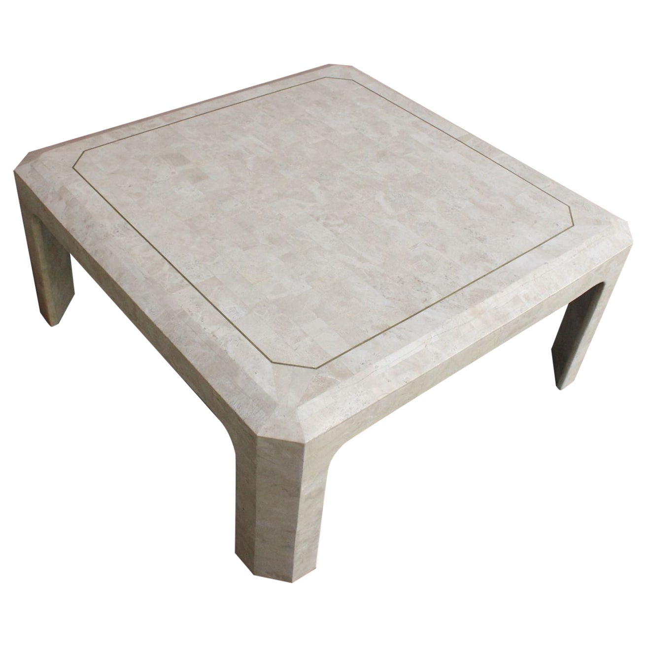 Table basse carrée Maitland Smith en pierre tessellée avec incrustation en laiton