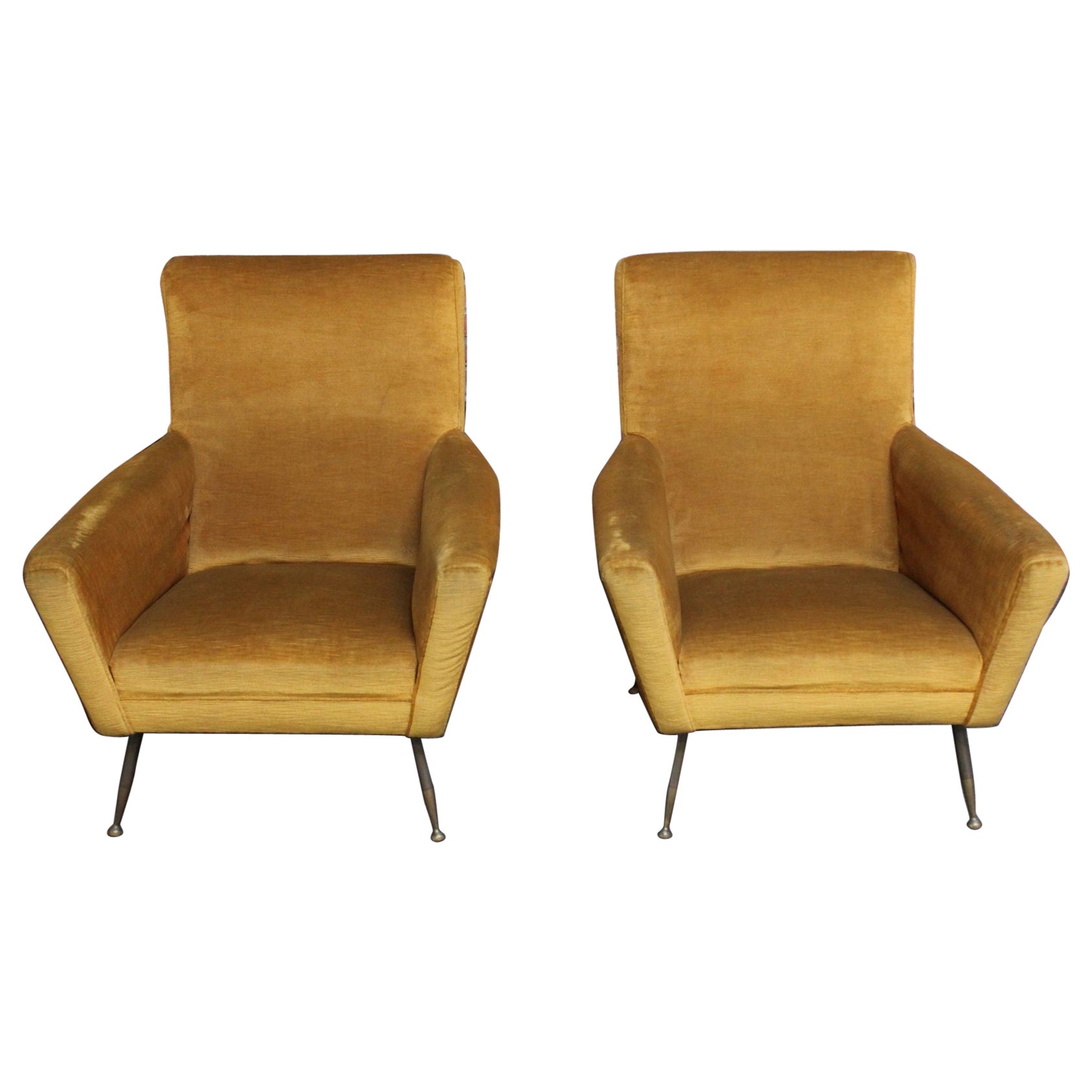 Vintage Italian Ochre Cotton Velvet and Brass Lounge Chairs For Sale