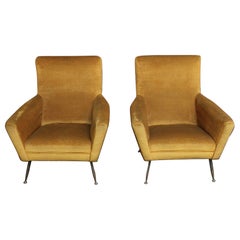 Retro Italian Ochre Cotton Velvet and Brass Lounge Chairs