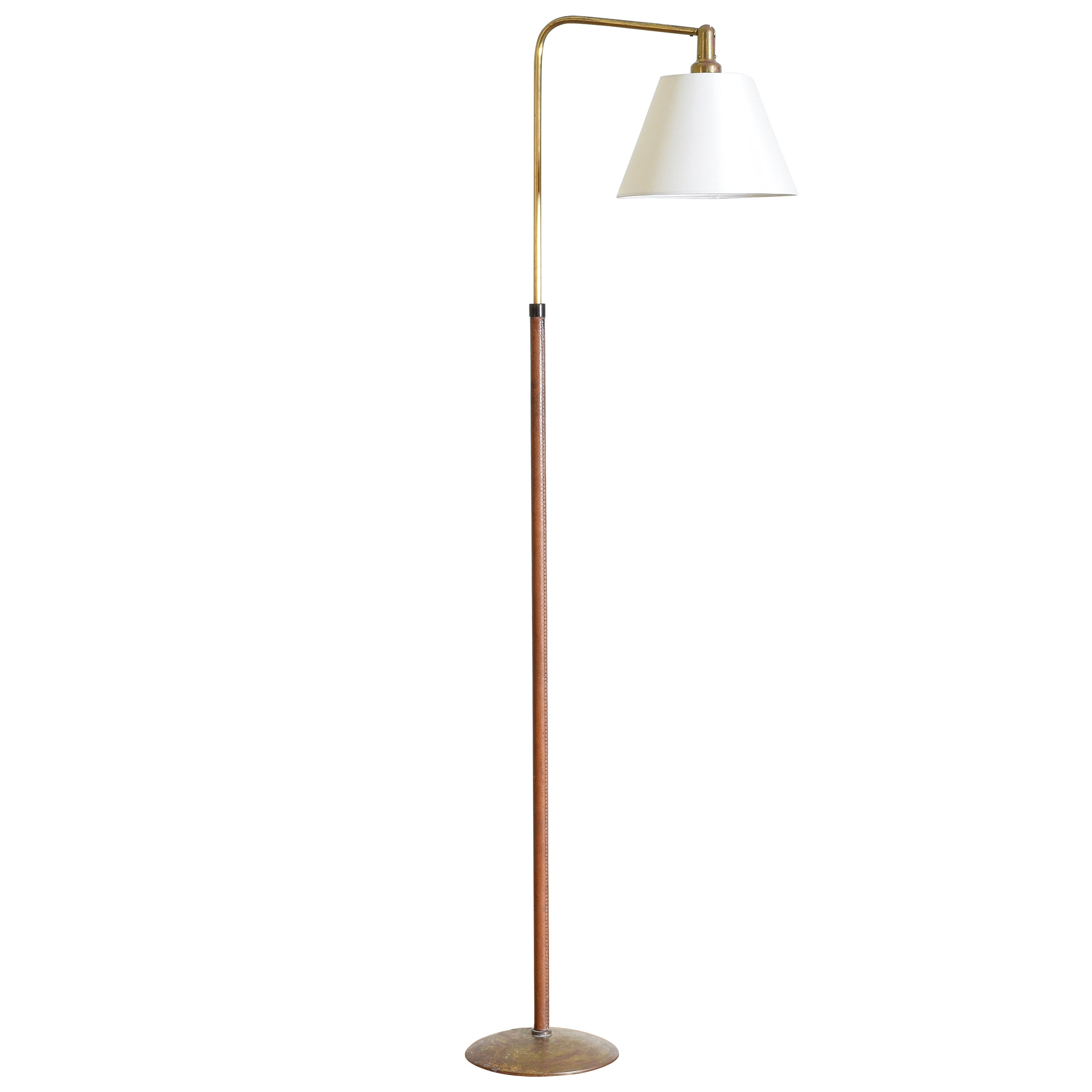 French Adjustable Brass and Leather Reading Floor Lamp, circa 1960 For Sale