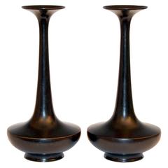 Pair of Vintage Japanese Black Patinated Bronze Bottle Vases