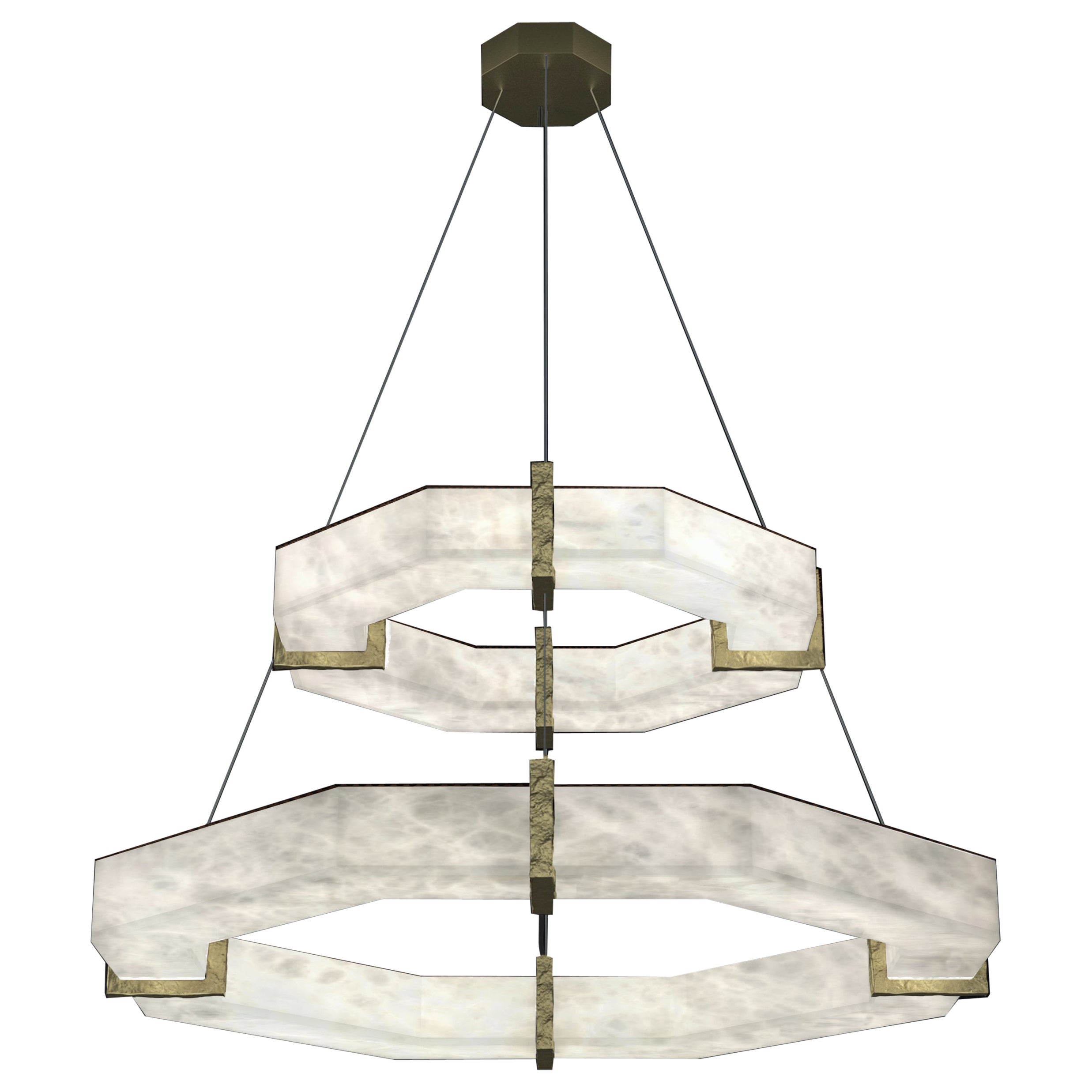 Efesto Brushed Brass Double Pendant Lamp by Alabastro Italiano For Sale