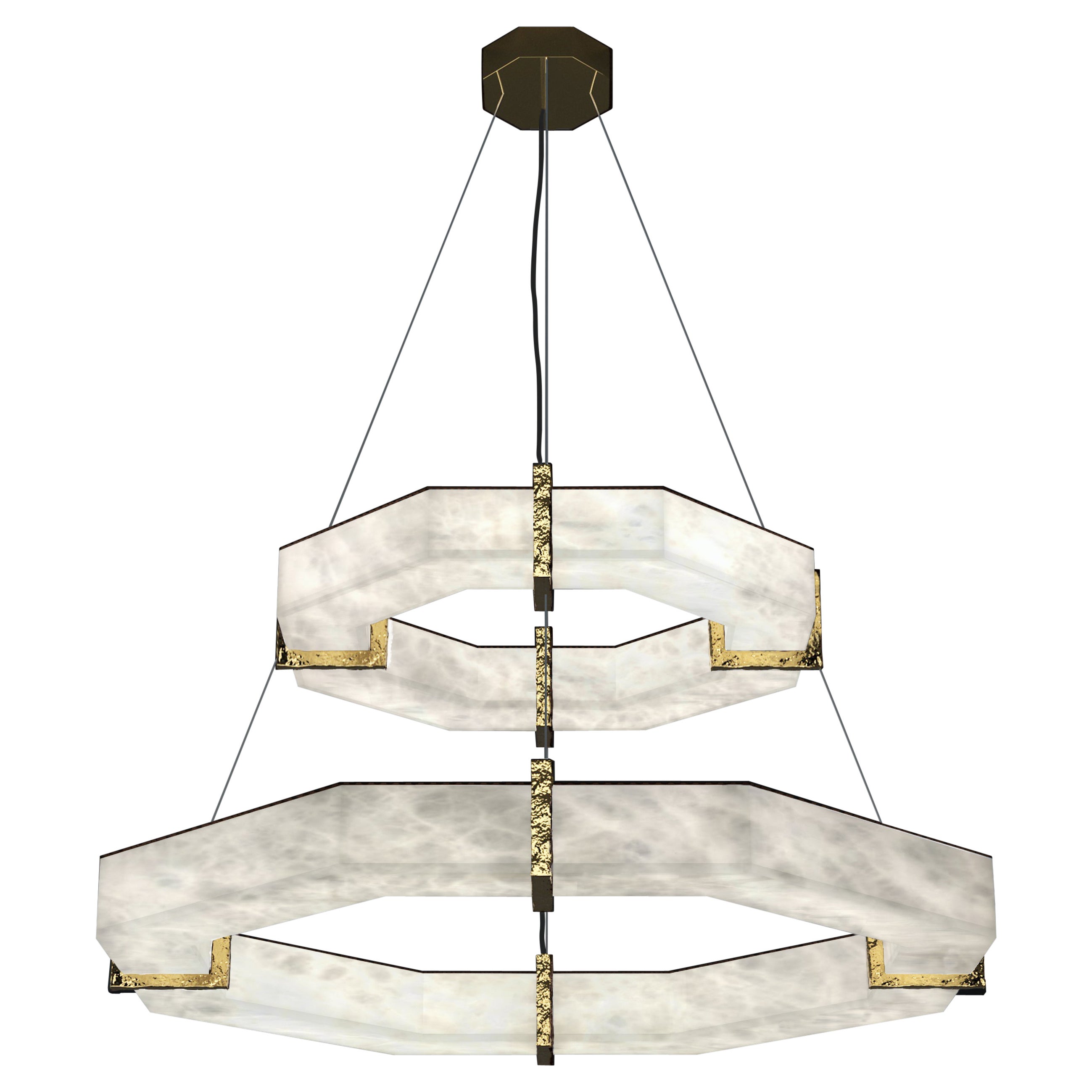 Efesto Shiny Gold Metal Double Pendant Lamp by Alabastro Italiano For Sale