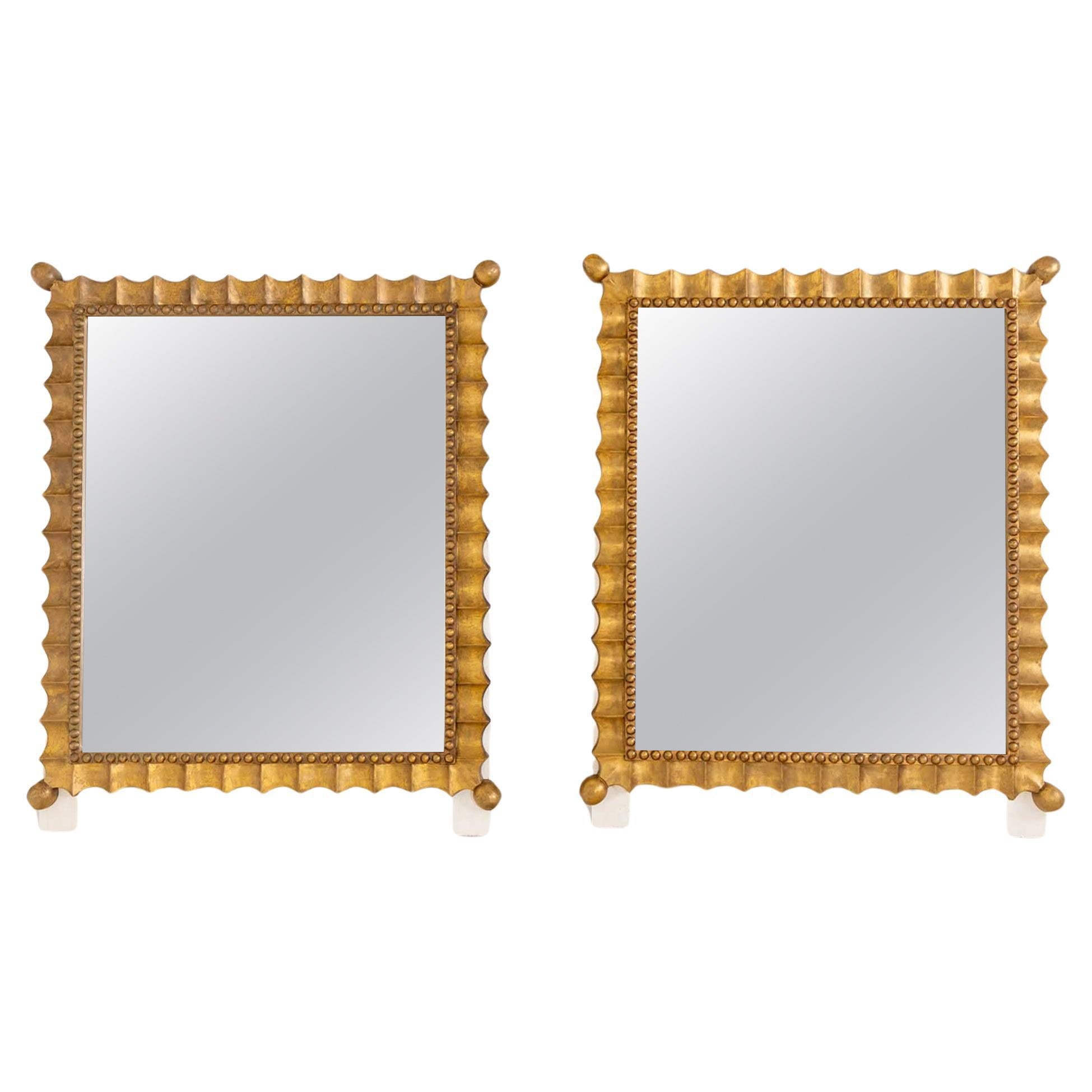 Pair of Gold-Patinated Scalloped Wall Mirrors, Mid-20th Century For Sale