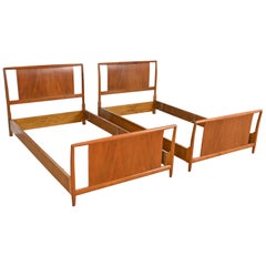 T.H. Robsjohn-Gibbings for Widdicomb Sculpted Walnut Twin Size Beds, Pair