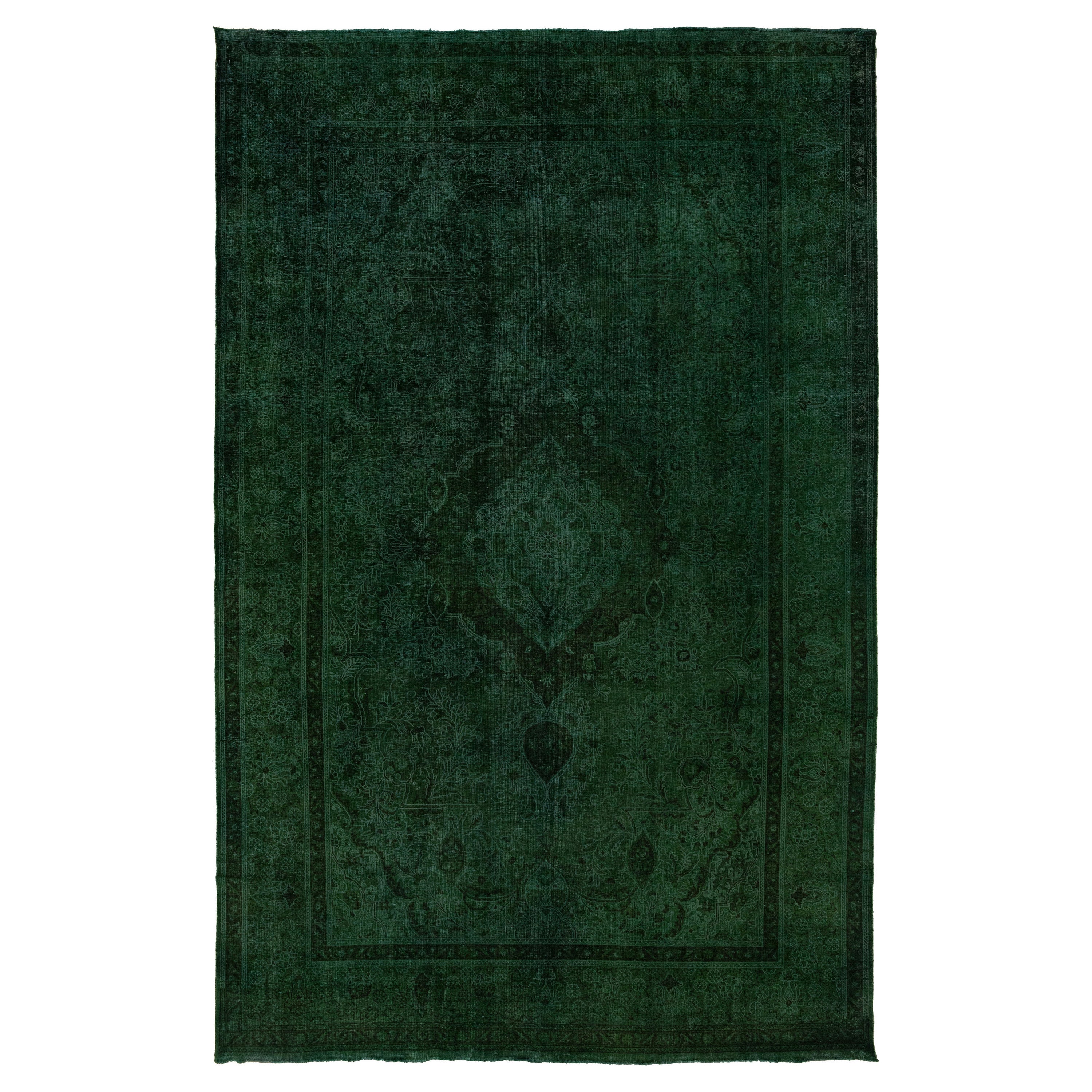 Room Size Green Overdyed Persian Designed Wool Rug With Medallion Motif For Sale