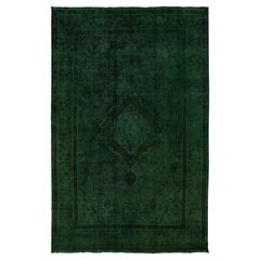 Room Size Green Overdyed Persian Designed Wool Rug With Medallion Motif