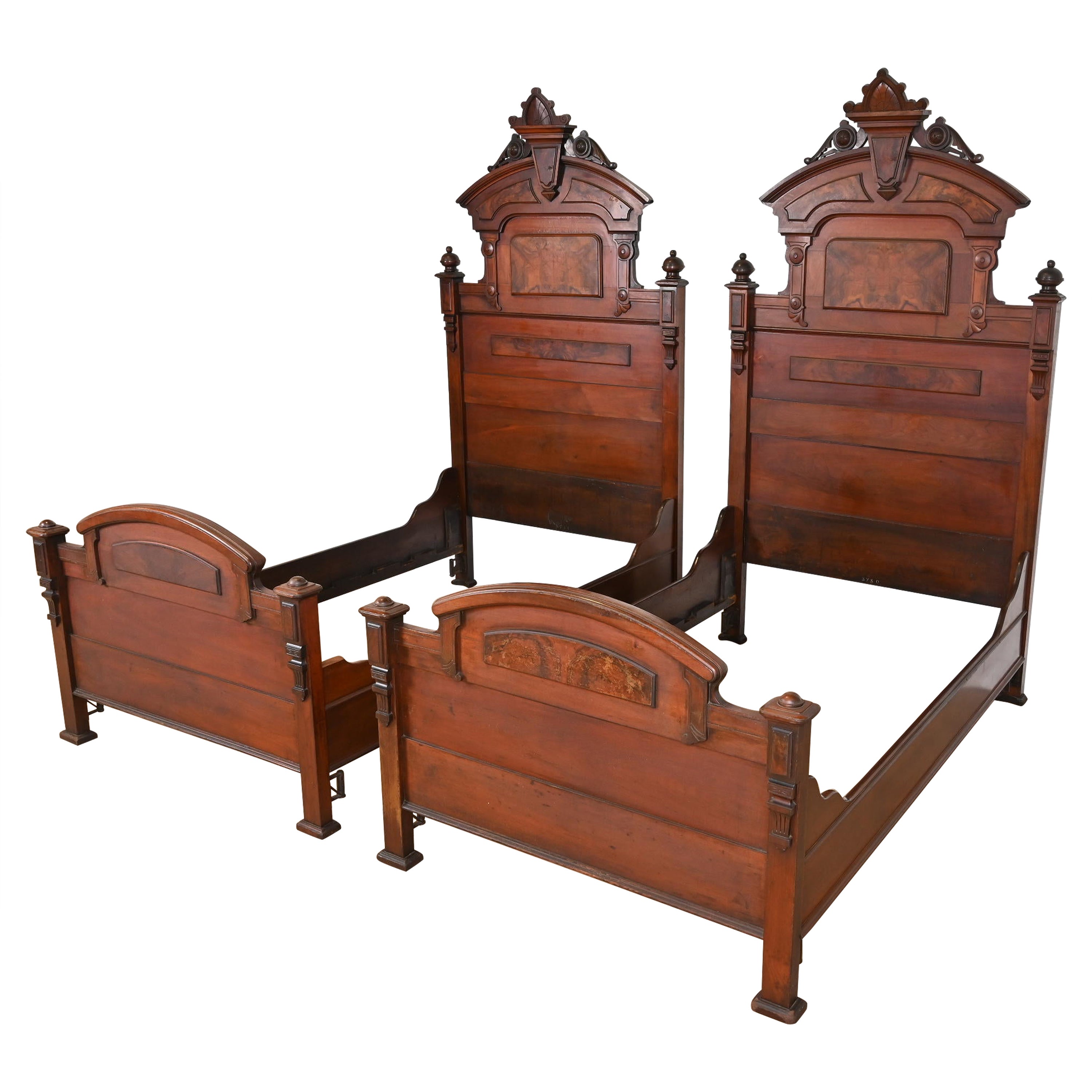Herter Brothers Style Antique Eastlake Victorian Burled Walnut Twin Beds, Pair