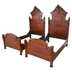 Herter Brothers Style Antique Eastlake Victorian Burled Walnut Twin Beds, Pair