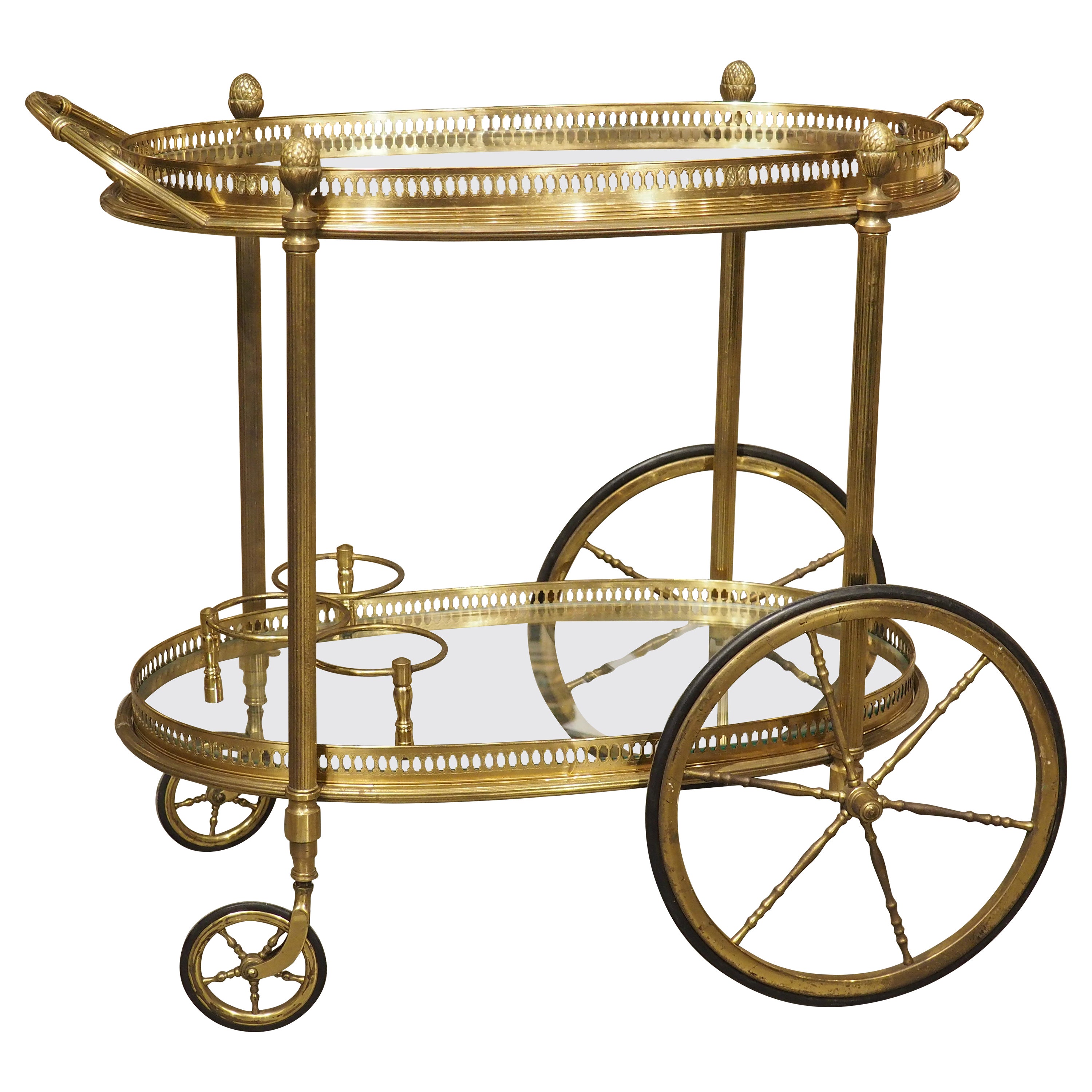 French Mid-Century Gilded Brass and Glass Bar Cart, Attributed to Maison Baguès