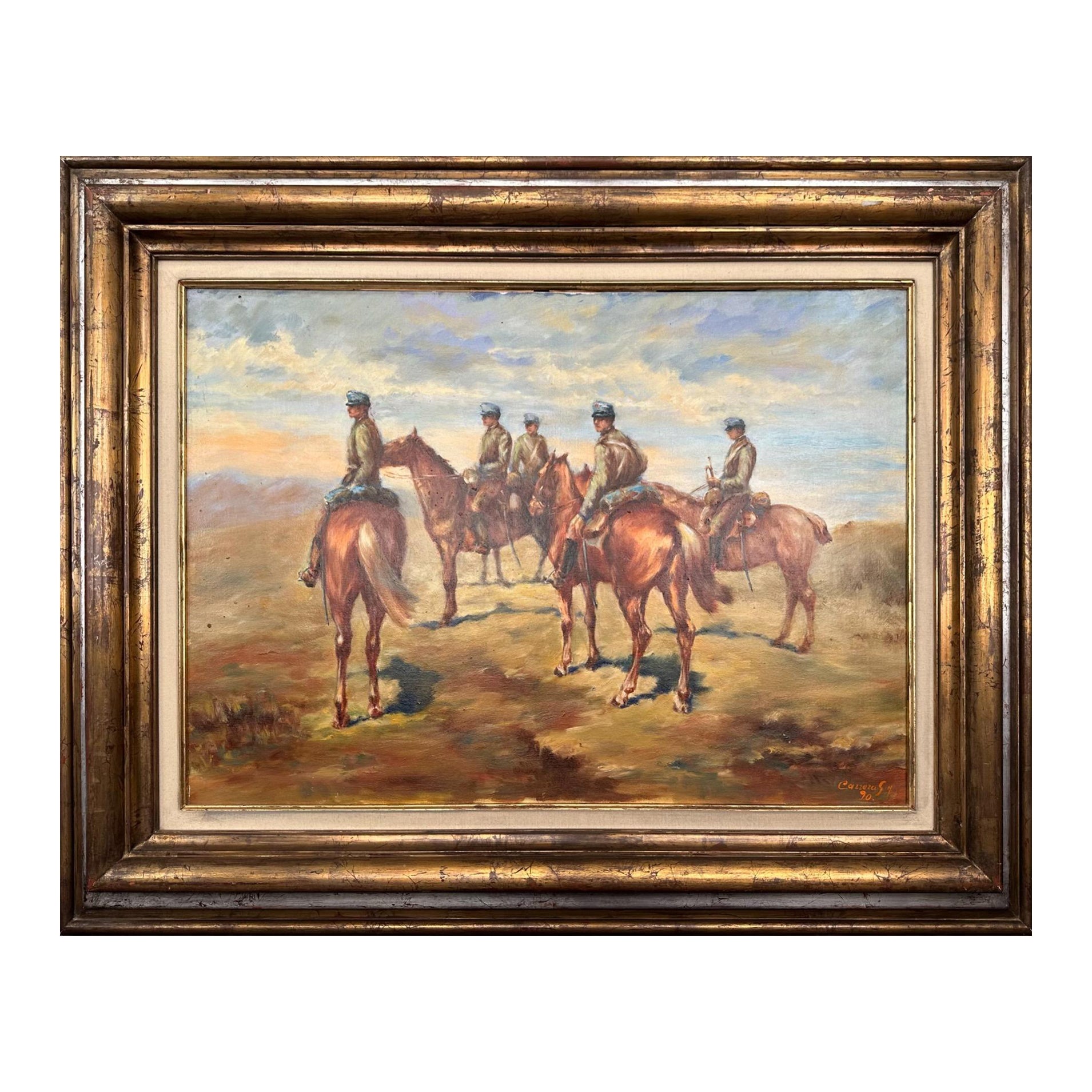 Ölgemälde einer Gruppe von Fremden in der Wüste mit ihren Pferden im Angebot