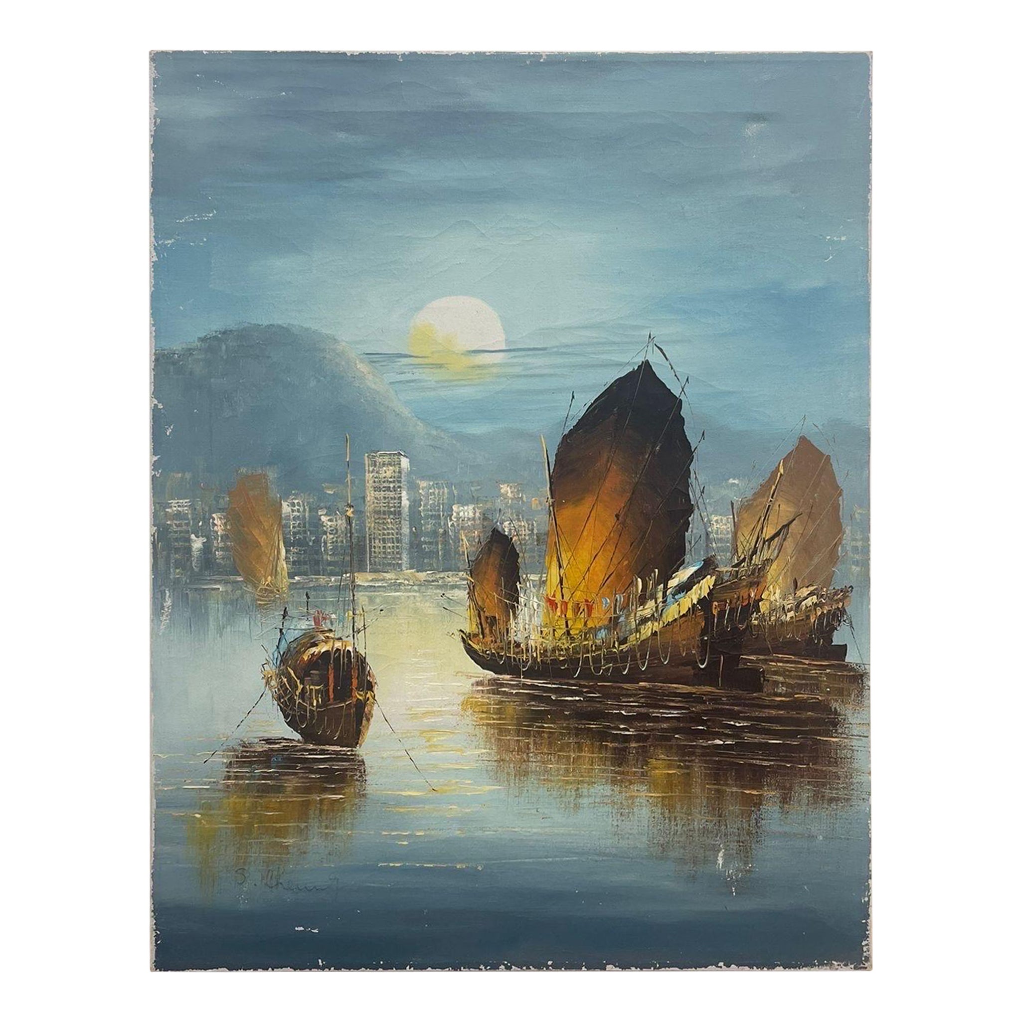 Vintage Signed Original Scenic Artwork of Sailboats on Canvas.