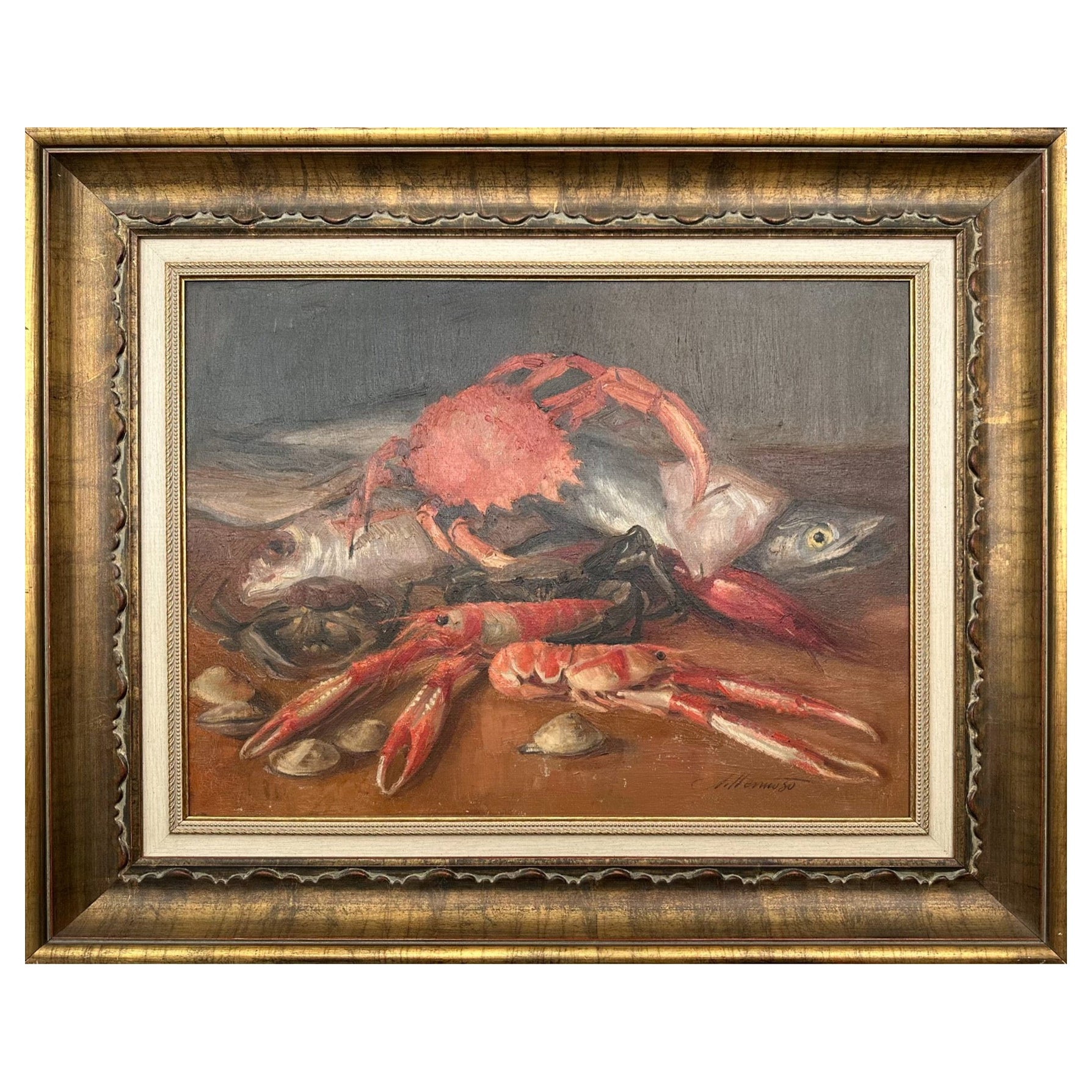 Peinture à l'huile d'un beau crabe et de poissons