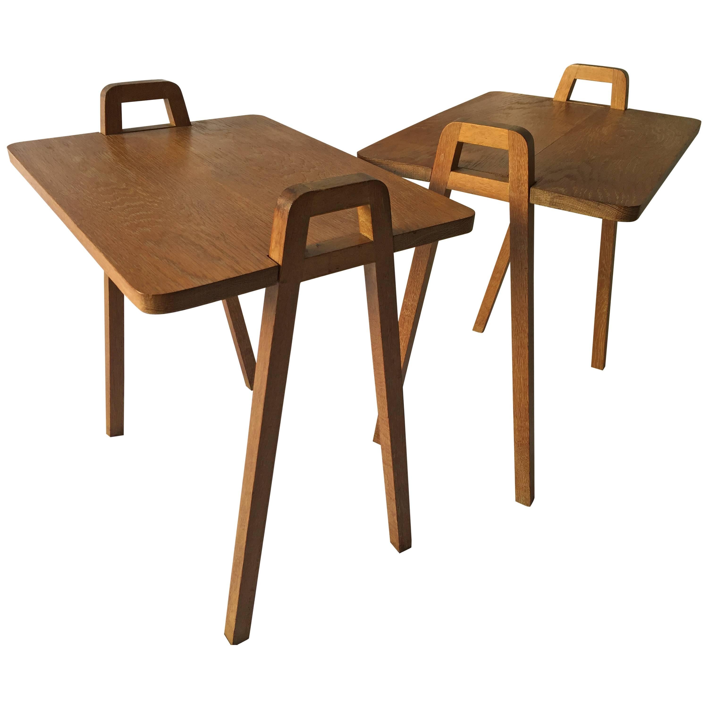 Pair of Mid-Century Unusual Oak Tray Style Tables with Compass Legs and Handles