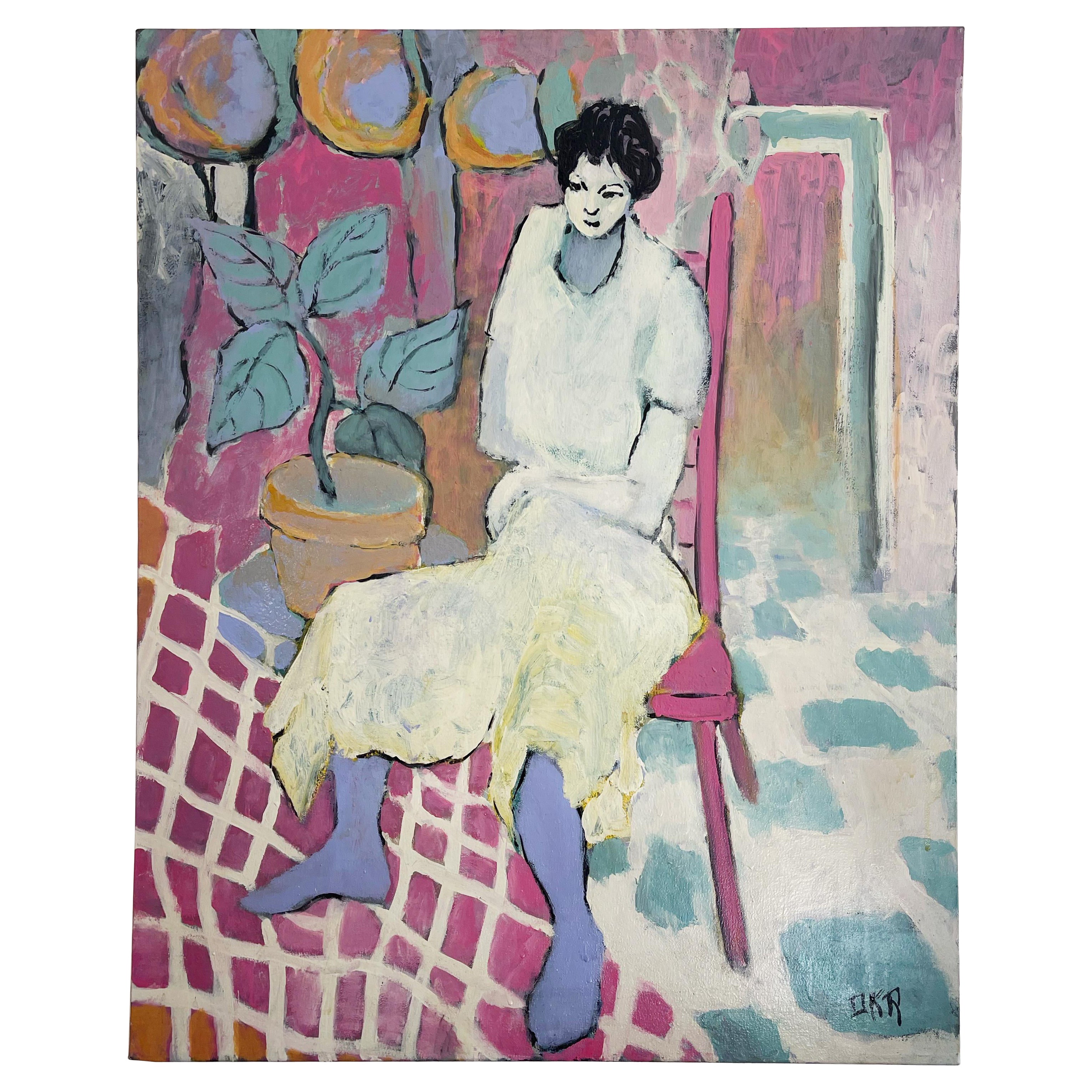 Peinture à l'huile vintage 'Femme assise' 93 par Donald K.Ryan 